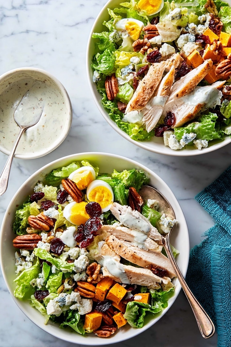 A large white oval bowl sits on a white marbled surface, filled with a layered salad. The bottom layer is green lettuce, visible around the edges. On top, cubed orange roasted sweet potatoes are scattered in the center, sprinkled with creamy white ranch dressing with green herbs, which is also being poured from a spoon held above. Shredded pale turkey meat is placed to one side, and halves of hard-boiled eggs, bright yellow yolks and white edges, are arranged near the front. Crispy brown bacon strips lie across the sweet potatoes, while crumbled white blue cheese, reddish dried cranberries, and whole pecans decorate the top of the salad, adding texture and color contrast. Photo taken with an iphone --ar 2:3 --v 7 - Thanksgiving Cobb Salad, Thanksgiving Cobb Salad Recipe, holiday salad ideas, festive Thanksgiving salads, easy holiday salad
