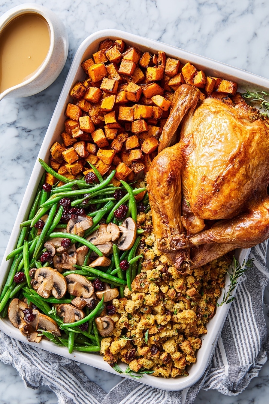 The image shows a large white baking tray divided into four sections. The top left section is filled with golden-brown roasted sweet potato cubes, crispy on the edges and evenly cooked. Below that, the bottom left section contains bright green beans mixed with sliced brown mushrooms, cooked but still vibrant in color. On the right side, the top part features a layer of golden, crumbly stuffing with visible pieces of nuts and cranberries spread evenly. The bottom right corner displays a shiny, golden-brown roasted turkey with crisp skin, resting on the stuffing. The tray is placed on a white marbled surface, with a white bowl of light brown gravy and a striped cloth napkin nearby. photo taken with an iphone --ar 2:3 --v 7 - Sheet-Pan Thanksgiving Dinner, Thanksgiving dinner ideas, easy holiday dinner, one-pan Thanksgiving, holiday meal prep