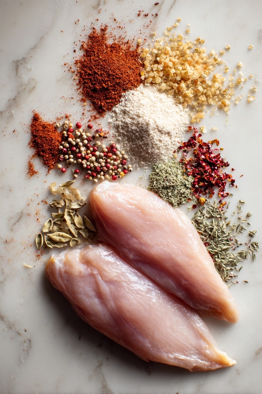 Flat lay of two plump, pale pink turkey breast tenderloins with smooth, slightly marbled texture, surrounded by warm-toned spices including deep red paprika powder, light golden brown packed sugar crystals, cracked coriander seeds in pale beige with a rough texture, tiny crushed red pepper flakes in vibrant red, delicate greenish-brown dill seeds, and a small mound of fine, off-white garlic powder. The ingredients are naturally scattered and gently overlapping in an inviting mix of colors and textures, placed on white marbled surface, photo taken with an iphone --ar 2:3 --v 7 - Juicy Oven-Roasted Turkey Tenderloin with Spiced Crunch, turkey tenderloin recipe, roasted turkey tenderloin, crispy spiced turkey, juicy turkey main dish