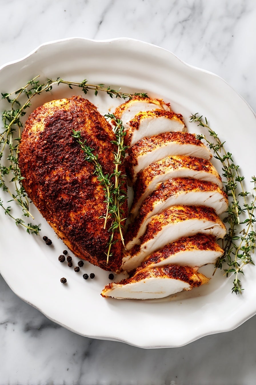 The image shows a long piece of roasted chicken sliced into eight even pieces placed on a wooden cutting board. The chicken has a golden-brown, slightly charred outer layer with visible spices and a juicy white inside. The slices are arranged in a neat row, with the thicker end of the chicken on one side and the smaller pieces toward the other end. The cutting board has a rich wooden texture with some chicken juices and spices on it. The background visible around the cutting board shows a white marbled surface. Photo taken with an iphone --ar 2:3 --v 7 - Juicy Oven-Roasted Turkey Tenderloin with Spiced Crunch, turkey tenderloin recipe, roasted turkey tenderloin, crispy spiced turkey, juicy turkey main dish