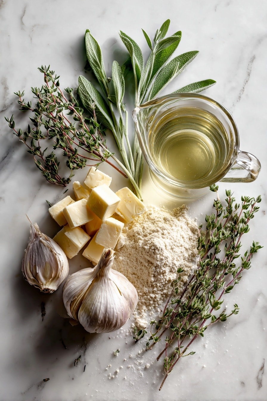 Flat lay of a small pile of golden butter cubes, a halved large white onion showing its layered texture, three plump garlic cloves with papery skins partially peeled away, a neat mound of pale beige all-purpose flour, fresh green sprigs of sage, rosemary, and thyme with detailed leaves and vibrant colors, and a clear glass jug filled with light golden chicken broth, all naturally arranged with some herbs casually scattered around, placed on white marbled surface, photo taken with an iphone --ar 2:3 --v 7 - Gravy Without Drippings, How to Make Gravy Without Pan Drippings, Easy Vegetarian Gravy, Savory Herb Gravy, Quick Homemade Gravy