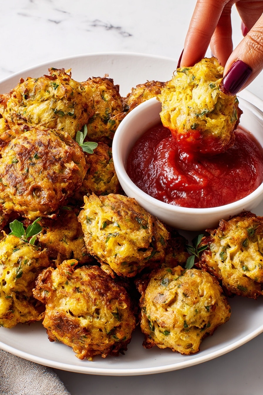 The image shows a white plate full of golden-brown fritters with green herbs sprinkled over them. The fritters have a rough, crispy texture and are uneven in shape. At the center of the plate, there is a white small bowl filled with a thick, bright red sauce that slightly drips down the side. A woman's hand with dark red nails is dipping one fritter into the sauce. The background is a white marbled surface. photo taken with an iphone --ar 2:3 --v 7 - Sausage Stuffing Bites with Cranberry Sauce, holiday appetizer recipes, easy holiday party snacks, savory stuffing balls, cranberry sauce appetizer