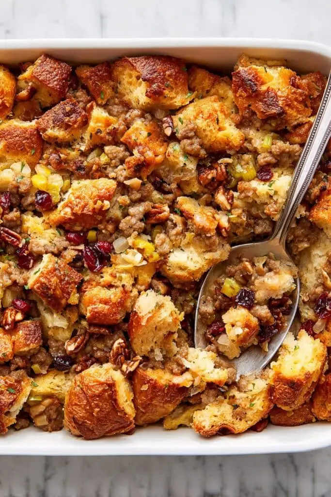 Croissant Stuffing with Sausage, Apples, Cranberries, and Herbs Recipe