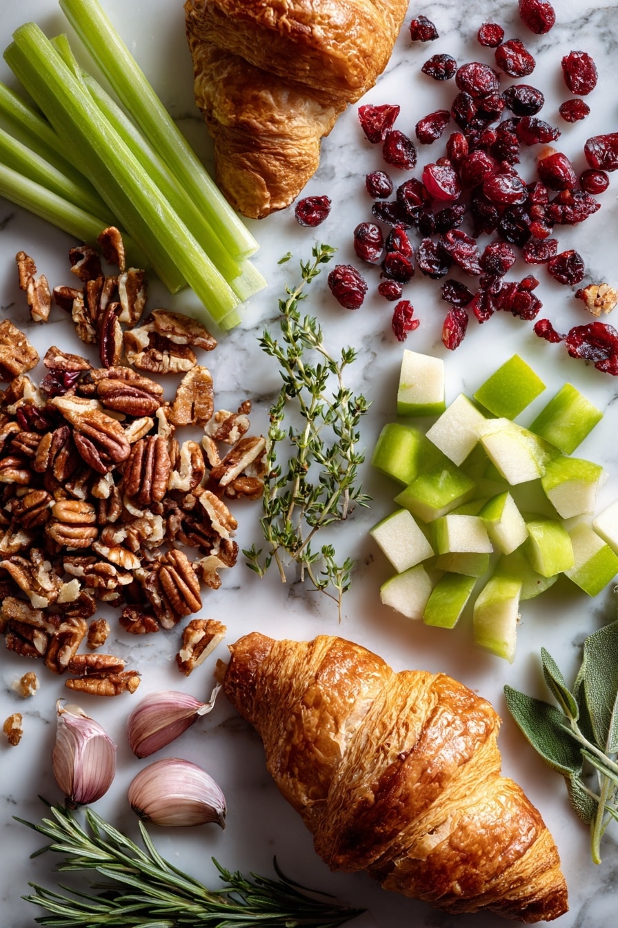 Flat lay of torn golden croissant pieces with their flaky, buttery texture, fresh bright yellow onions finely chopped into small cubes, crisp pale green celery stalks sliced neatly, juicy cubes of tart green Granny Smith apple with a shiny skin, glossy deep red dried cranberries scattered around, rough-textured coarsely chopped toasted pecans in warm brown hues, fresh vibrant green sprigs of rosemary, sage, and thyme with delicate leaves, and plump pale pink cloves of garlic, all beautifully arranged in a natural, slightly overlapping pattern, placed on white marbled surface, photo taken with an iphone --ar 2:3 --v 7 - Croissant Stuffing with Sausage, Apples, Cranberries, and Herbs, savory stuffing with croissants, apple cranberry stuffing, holiday stuffing ideas, flavorful sausage stuffing