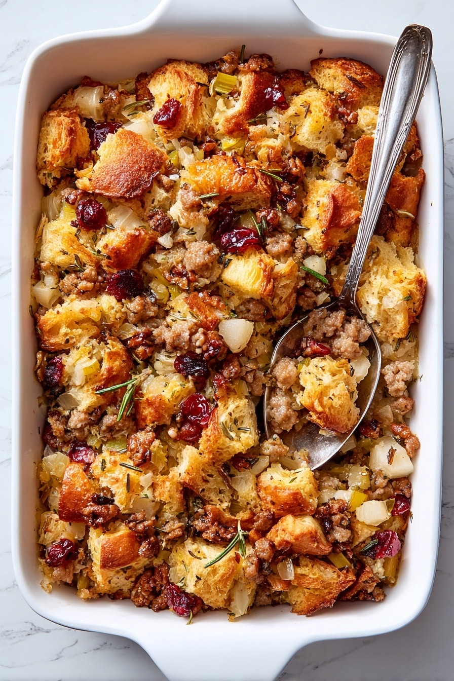 The dish is a baked bread stuffing served in a white rectangular baking dish placed on a white marbled surface. It has several layers starting with a base of soft, torn bread pieces with a golden brown, slightly crispy top layer. Mixed throughout are browned chunks of sausage, small diced apples in light yellow color, and finely chopped translucent onions. Scattered on top and within the stuffing are bright red dried cranberries and pieces of toasted pecans adding texture and color contrast. A silver serving spoon rests inside the dish, partially scooping up some stuffing from one corner. The whole dish has a warm, inviting, and slightly glossy appearance with some rosemary herb flecks visible on the surface. photo taken with an iphone --ar 2:3 --v 7 - Croissant Stuffing with Sausage, Apples, Cranberries, and Herbs, savory stuffing with croissants, apple cranberry stuffing, holiday stuffing ideas, flavorful sausage stuffing
