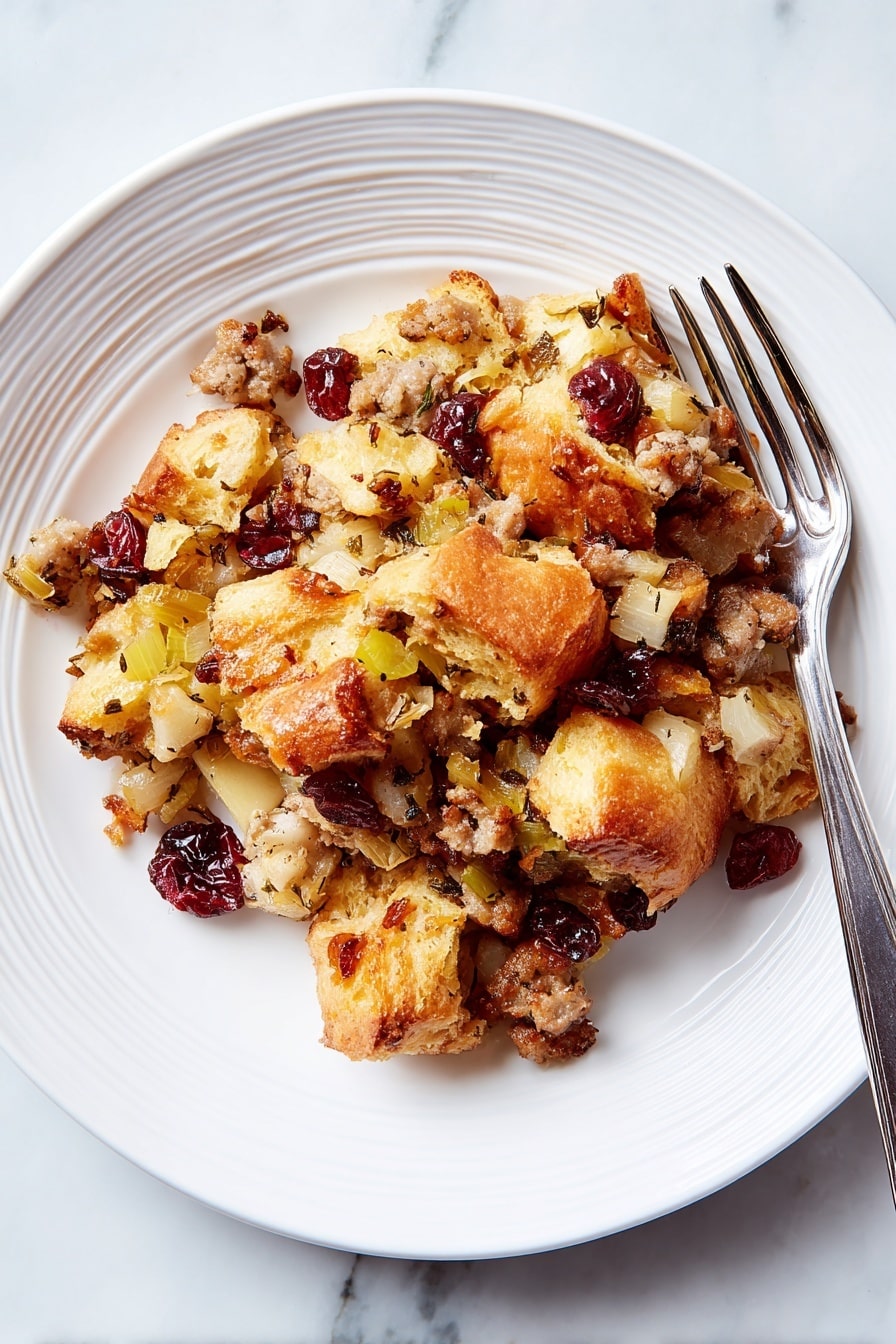 A white plate with a shallow ridged edge holds a serving of stuffing made of golden brown, crispy bread chunks as the top layer, mixed with small pieces of light brown cooked sausage, diced light yellow apples, diced pale celery, and dark red cranberries throughout. The bread pieces are uneven in size and look crunchy with a slightly shiny surface, while the sausage bits are crumbly and mixed closely with the fruit and vegetable pieces underneath. There is a silver fork placed on the right side of the plate, resting partly on the food and the edge of the plate. The plate is set on a white marbled surface. photo taken with an iphone --ar 2:3 --v 7 - Croissant Stuffing with Sausage, Apples, Cranberries, and Herbs, savory stuffing with croissants, apple cranberry stuffing, holiday stuffing ideas, flavorful sausage stuffing