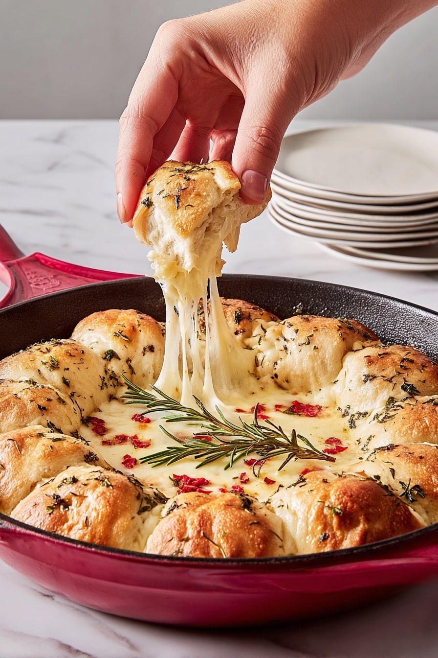 A round red cast iron pan holds a baked cheese dip with a golden-brown dough ring around the edge, each dough piece sprinkled with green herbs. The cheese mix in the middle is melted and creamy with small red pepper streaks on top, and fresh rosemary sprigs placed over the cheese. A woman's hand is pulling one of the dough pieces from the edge, stretching the gooey, melted cheese upward. The background is a white marbled surface with stacked white plates visible in the distance. Photo taken with an iphone --ar 2:3 --v 7 - Cranberry Brie Biscuit Dip, festive appetizer, easy holiday dip, cheesy cranberry dip, warm holiday appetizer