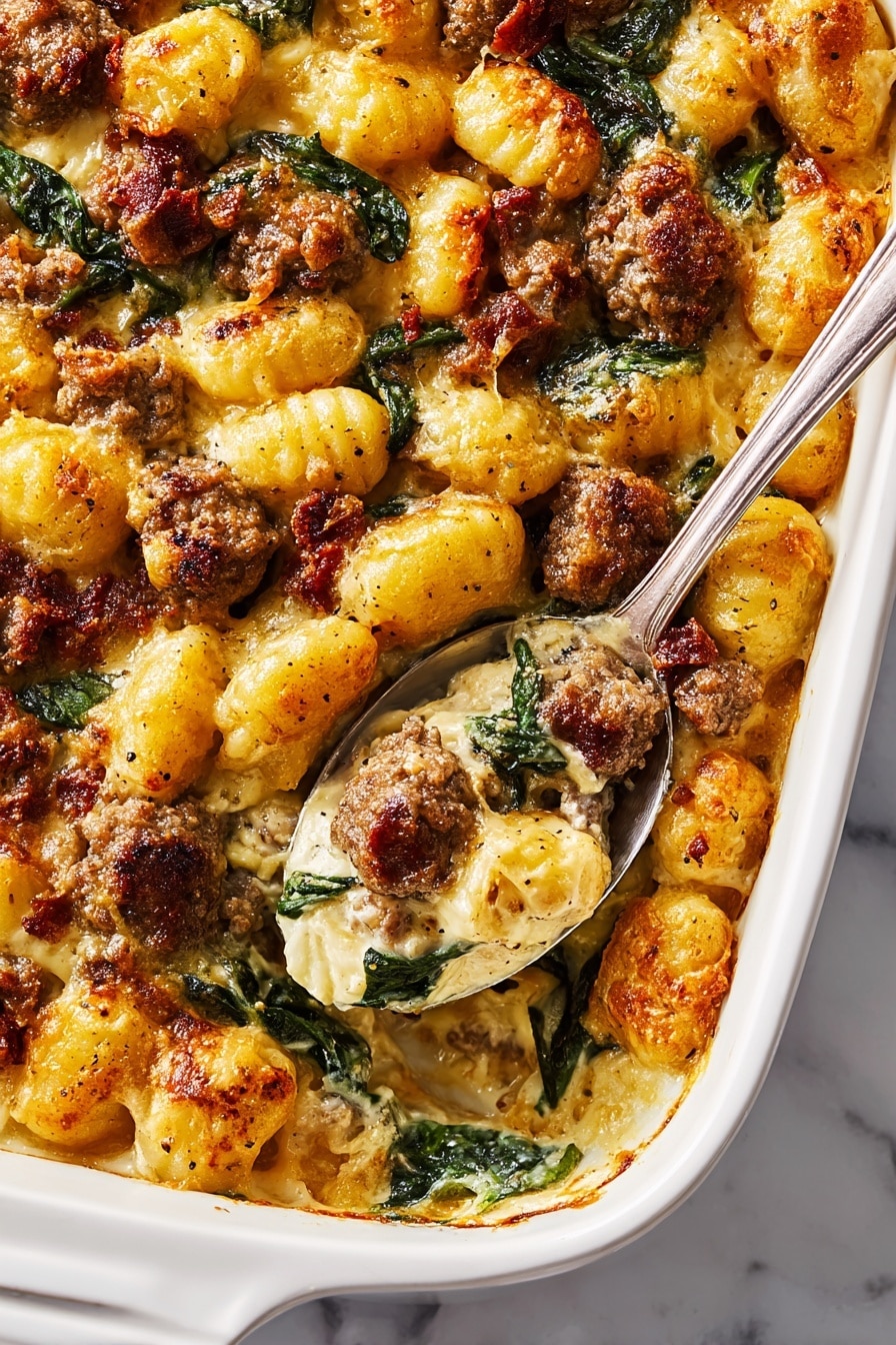 The dish is shown in a white rectangular baking dish filled with two main layers. The bottom layer is creamy with cooked green spinach leaves and browned, crumbly sausage pieces spread evenly. The top layer is golden-brown gnocchi, roasted to have a crispy outer texture, scattered over the entire dish giving it a mixed yellow and light brown color. The edges of the baking dish show slight browning from cooking, and the background is a white marbled texture. Photo taken with an iphone --ar 2:3 --v 7 - Gnocchi Sausage and Spinach Stuffing, hearty stuffing with gnocchi, savory sausage and spinach dish, comforting easy gnocchi casserole, flavorful Italian sausage stuffing
