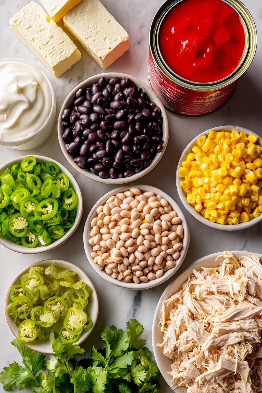 Flat lay of shiny black beans and light brown pinto beans in small piles, creamy white blocks of cream cheese, smooth white whole milk yogurt dollops, a bright red can of enchilada sauce with glossy texture, shredded pale golden chicken scattered loosely, vibrant yellow corn kernels, fresh green onion sliced into rings, small diced jalapeno with shiny light green skin, and fresh bright green cilantro leaves with delicate textures, all beautifully arranged with natural spacing and soft shadows, placed on white marbled surface, photo taken with an iphone --ar 2:3 --v 7 - Bubbly Hot Chicken Enchilada Bean Dip, spicy party dip, cheesy bean dip, easy appetizer recipe, crowd-pleasing party dip