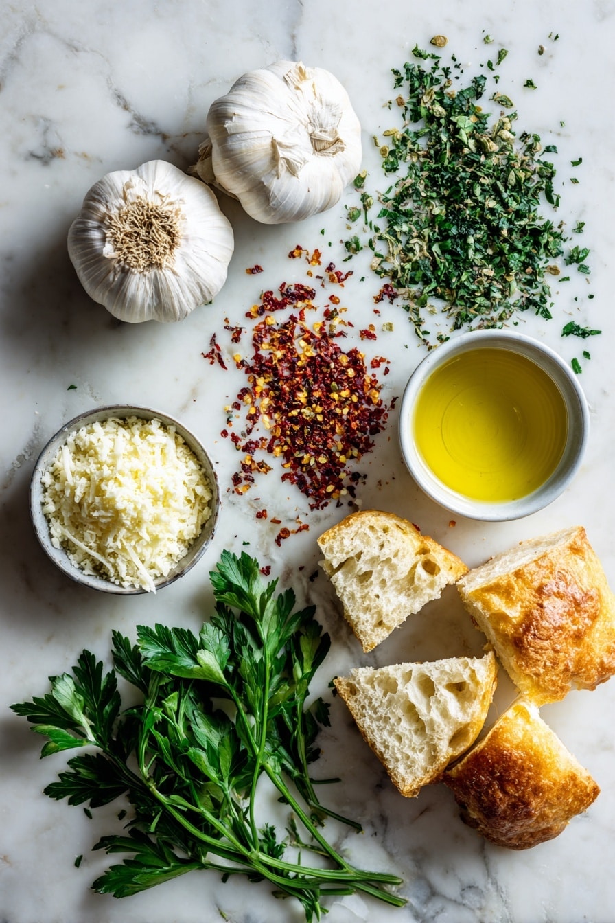 Flat lay of two bright white garlic cloves finely minced, scattered deep red pepper flakes, earthy green dried oregano leaves, a small pile of freshly grated creamy parmesan cheese, a clear golden pool of extra virgin olive oil glistening softly, vibrant green chopped parsley leaves with a fresh texture, and rustic slices of golden focaccia bread with a crunchy crust and soft crumb, all naturally arranged to highlight their colors and textures, placed on white marbled surface, photo taken with an iphone --ar 2:3 --v 7 - Garlic Olive Oil Dip, easy garlic dip, flavorful bread dip, Mediterranean olive oil dip, quick appetizer dips