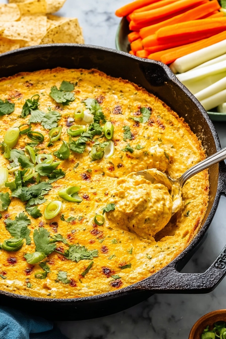 A black cast iron skillet holds a creamy, bright orange cheese dip with a smooth and slightly browned top layer. The dip is garnished with small green cilantro leaves and thinly sliced green onions scattered evenly across the surface. The skillet sits on a wooden board surrounded by a mix of white tortilla chips, orange carrot sticks, and green celery sticks arranged neatly. A few cilantro leaves are scattered around on the white marbled surface. A striped cloth napkin is partially visible under the skillet. Photo taken with an iphone --ar 2:3 --v 7 - Vegetarian White Bean Buffalo Dip, white bean buffalo dip, vegetarian party dip, spicy buffalo cheese dip, creamy veggie buffalo dip