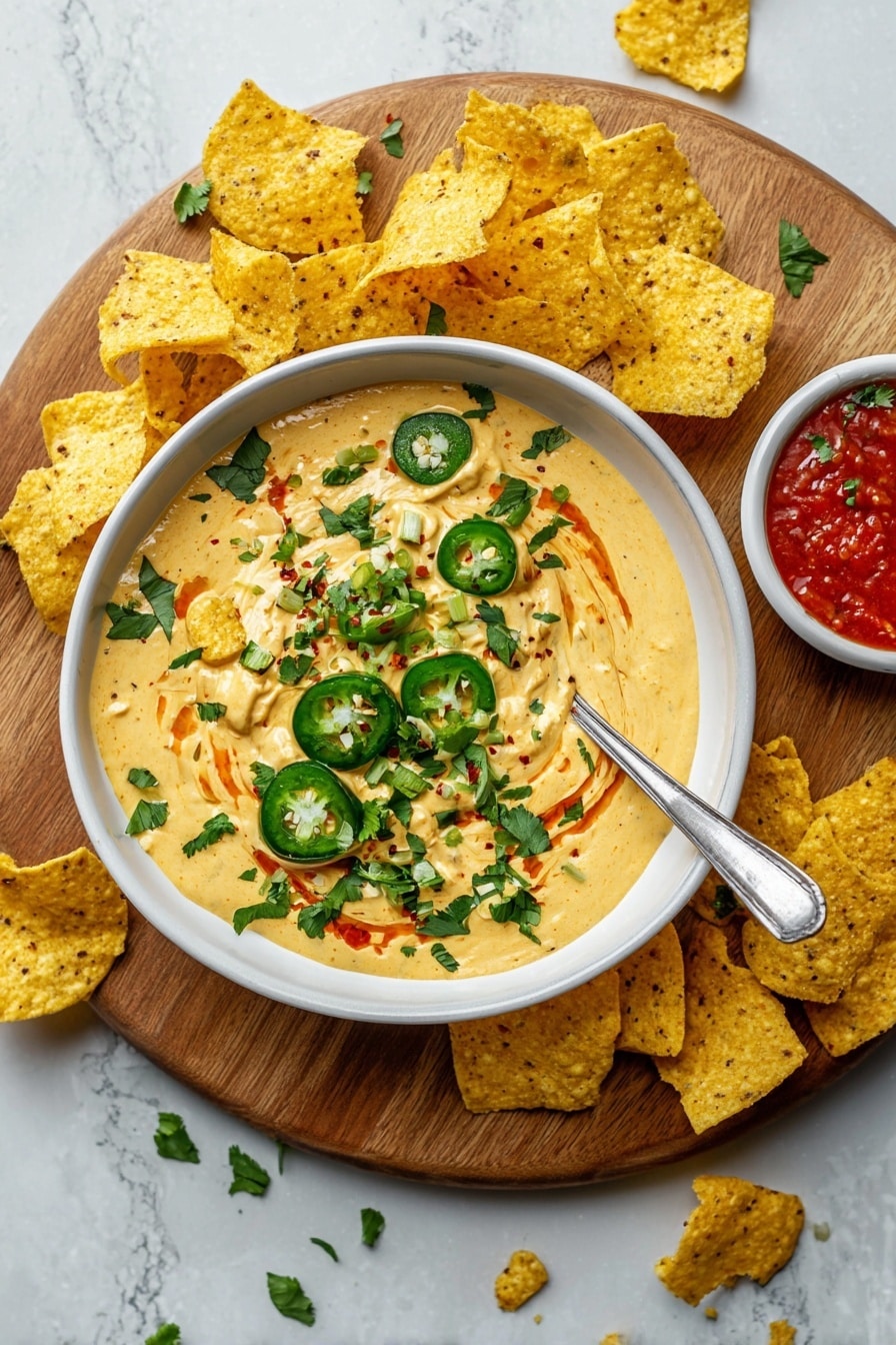 A white bowl filled with smooth, creamy cheese dip that is light orange in color. The dip is topped with thin green jalapeño slices, fresh chopped green herbs, and small rings of green onion. There are red streaks of sauce swirled on the surface for a splash of color. Around the bowl, there are many yellow, speckled tortilla chips, some broken, placed on a white marbled surface. A woman's hand is holding one triangular chip, dipping it into the cheese dip. Photo taken with an iphone --ar 2:3 --v 7 - Vegan Jalapeno Butternut Squash Queso, plant-based queso dip, dairy-free spicy dip, vegan appetizer idea, vegan cheese sauce with butternut squash