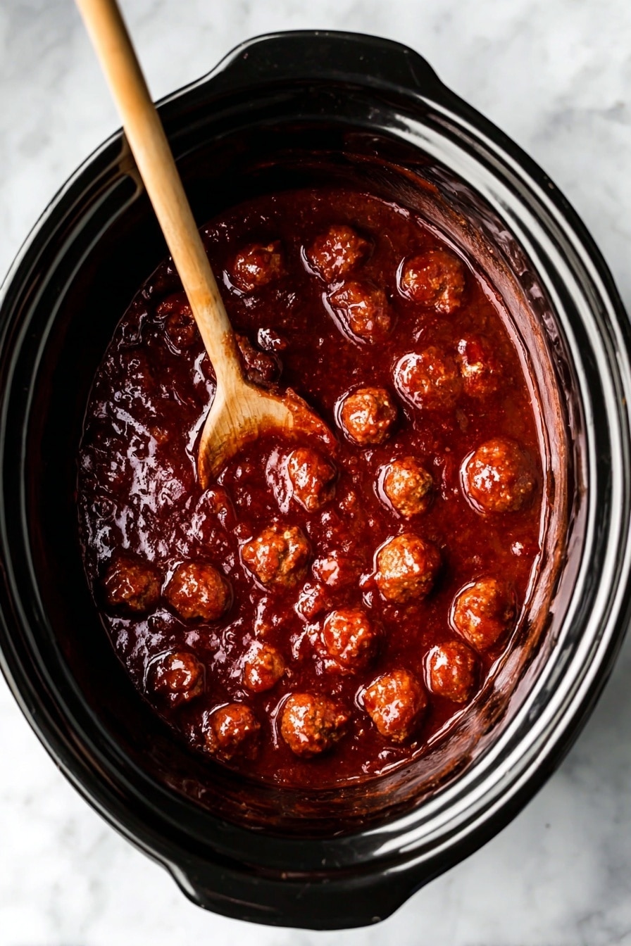 There is a white round marble plate with 24 small round meatballs covered in a shiny dark red sauce, each meatball has a small wooden toothpick stuck in it. To the top left, there is a silver spoon with some sauce on it resting on a white marbled surface. Around the plate, there are a few sprigs of green rosemary and some wooden toothpicks scattered. The background is a clean white marbled texture. Photo taken with an iphone --ar 2:3 --v 7 - Slow Cooker Sweet & Spicy BBQ Cranberry Turkey Meatballs, cranberry turkey meatballs, easy slow cooker meatball recipe, holiday appetizer ideas, flavorful turkey meatballs