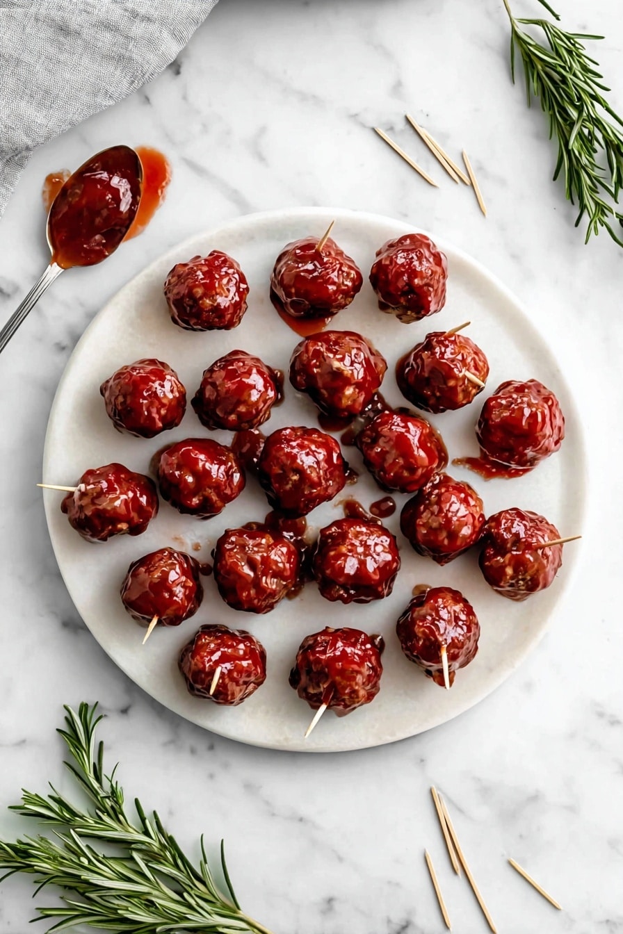 The image shows a white round plate on a white marbled surface with 15 small round meatballs covered in a shiny dark red sauce. Each meatball has a pale wooden toothpick stuck into it from the top center. The meatballs are placed in three scattered rows, with some in focus at the front and others softly blurred in the back. There is a small green rosemary twig placed at the bottom right corner of the plate. The background has a soft, blurred white marbled texture. photo taken with an iphone --ar 2:3 --v 7 - Slow Cooker Sweet & Spicy BBQ Cranberry Turkey Meatballs, cranberry turkey meatballs, easy slow cooker meatball recipe, holiday appetizer ideas, flavorful turkey meatballs