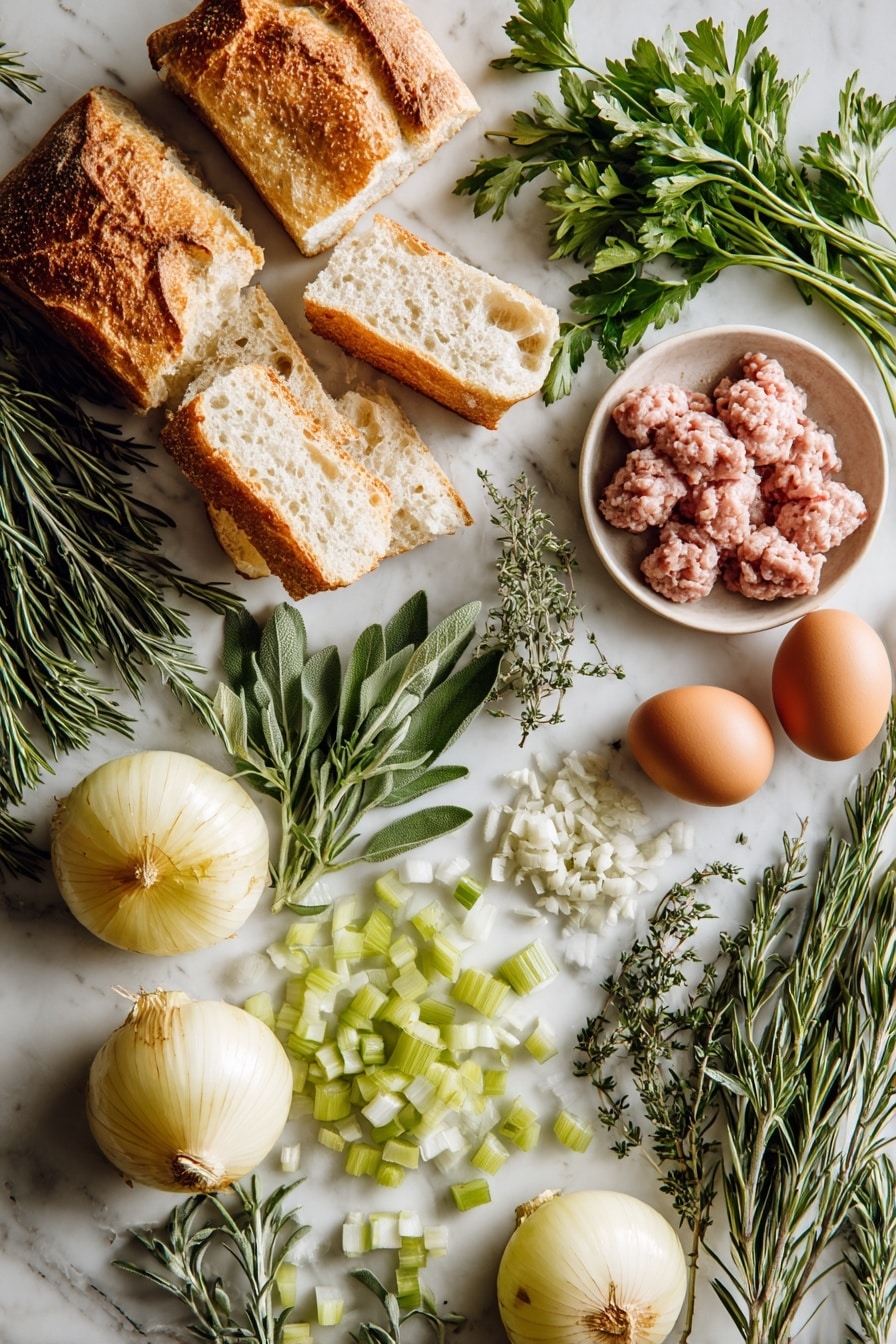 Flat lay of torn pieces of soft French bread with a golden crust, fresh bright green flat-leaf parsley, sprigs of vibrant rosemary, sage, and thyme showing their delicate leaves, plump yellow onions with translucent layers, crisp pale green diced celery, raw mild Italian sausage in pinkish-red crumbly chunks, and a few glossy brown eggs, all beautifully arranged with natural spacing and contrast, placed on white marbled surface, photo taken with an iphone --ar 2:3 --v 7 - Classic Sausage and Herb Stuffing, sausage stuffing recipe, holiday stuffing recipe, savory herb stuffing, moist sausage stuffing