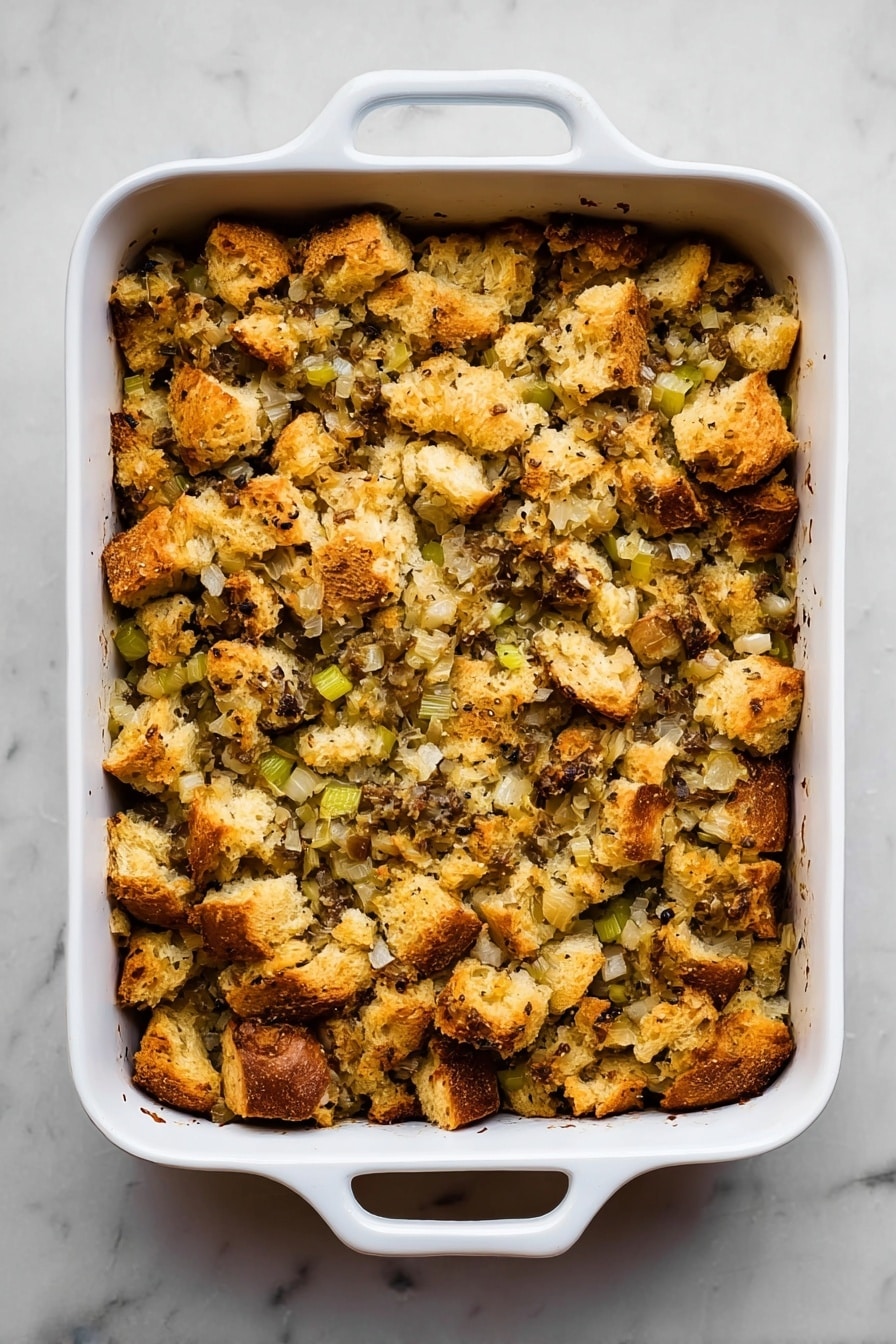 The image shows a white baking dish filled with a baked stuffing mixture. The stuffing has multiple layers of broken bread pieces with golden brown toasted tops mixed evenly with light green celery bits and small pieces of browned sausage. There are bits of white onion scattered throughout, adding texture. Bright green chopped herbs are sprinkled on top, along with a few sprigs of fresh thyme placed as garnish. A white spoon scoops up a portion from the bottom left corner of the dish. The dish sits on a white marbled surface. photo taken with an iphone --ar 2:3 --v 7 - Classic Sausage and Herb Stuffing, sausage stuffing recipe, holiday stuffing recipe, savory herb stuffing, moist sausage stuffing