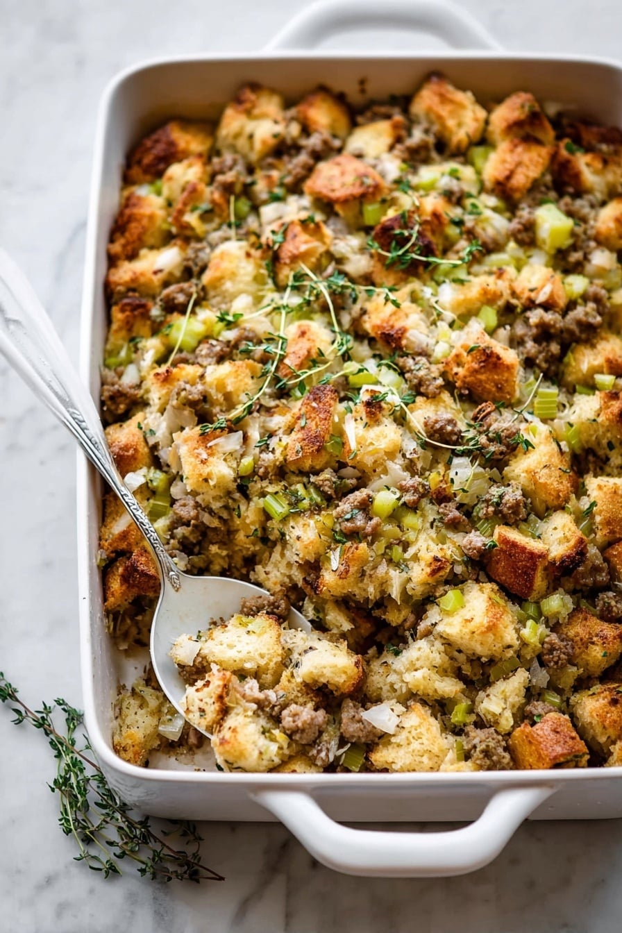 A white baking dish filled with a layered casserole showing golden brown, uneven chunks of toasted bread or dough on top mixed with bits of cooked ground meat, pale green celery pieces, and small bits of onion. Fresh green parsley leaves and sprigs of thyme are scattered over the top, adding color contrast. Some areas are browned more deeply, giving a crispy texture, while the inside looks soft and moist. A white spoon is scooping some casserole from the corner. The dish is placed on a white marbled surface with a light striped cloth and green leaves nearby. photo taken with an iphone --ar 2:3 --v 7 - Classic Sausage and Herb Stuffing, sausage stuffing recipe, holiday stuffing recipe, savory herb stuffing, moist sausage stuffing