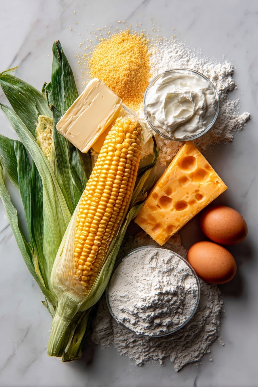 Flat lay of fresh yellow corn kernels spilling from an ear of corn with bright green husks partially peeled back, a small mound of fine yellow cornmeal, two large brown eggs with smooth shells, a pat of creamy unsalted butter with a slightly glossy texture, a wedge of sharp orange cheddar cheese with a firm crumbly surface, a dollop of thick white sour cream, and a small pile of white all-purpose flour with a soft powdery look, scattered naturally and softly lit to highlight their colors and textures, placed on white marbled surface, photo taken with an iphone --ar 2:3 --v 7 - Cheesy Corn Casserole, cheesy corn casserole recipe, cheesy corn side dish, cheesy corn casserole with cheese, baked cheesy corn dish