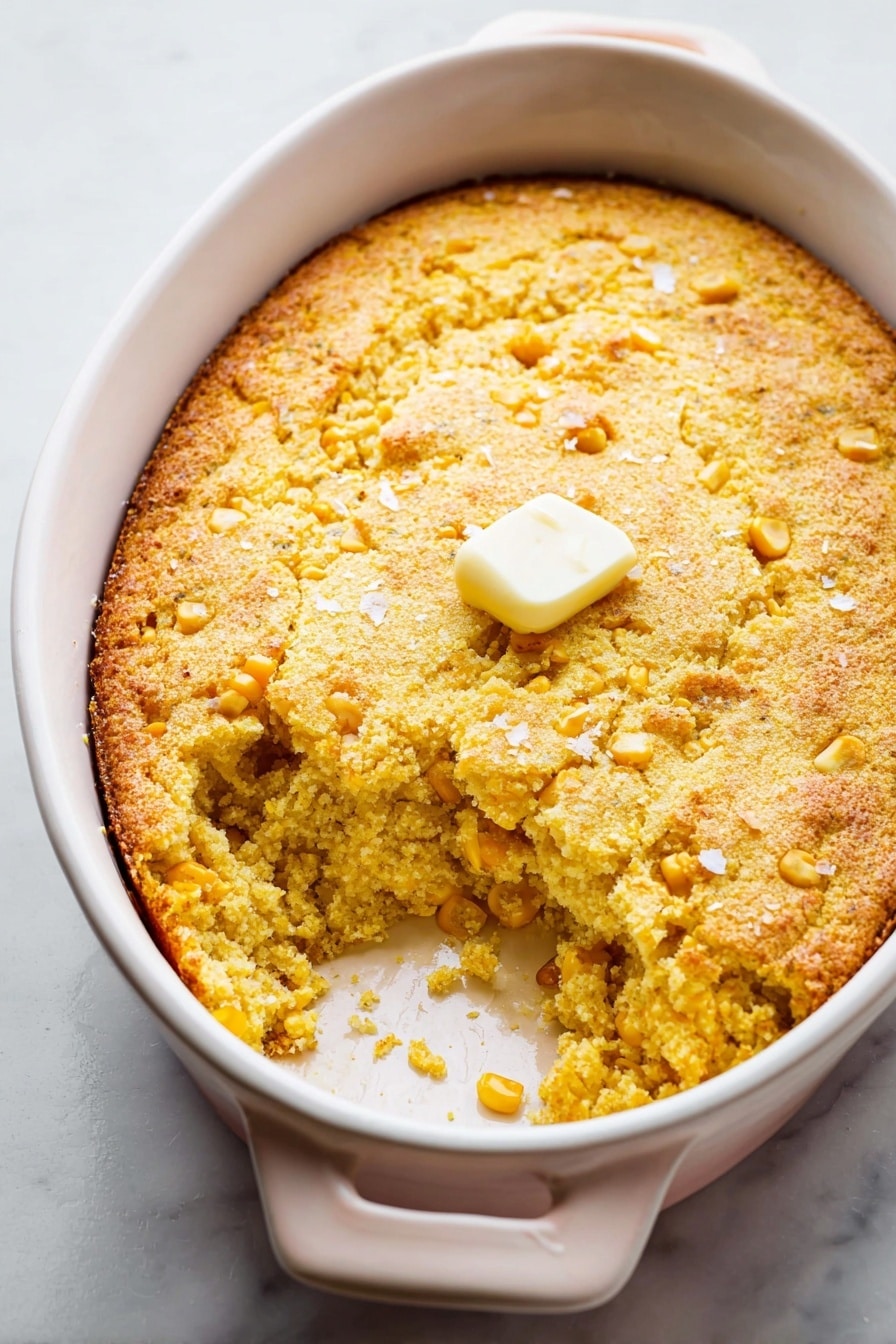 A white oval dish filled with baked corn pudding that has a golden crust on top with some small pieces of corn visible throughout. The surface looks crumbly and slightly rough, with a square of melting butter placed near the center. On the left side of the dish, a wooden spoon scoops out a serving, showing the soft, moist, and crumbly texture inside, with bright yellow corn kernels mixed in. The dish is set on a white marbled surface. photo taken with an iphone --ar 2:3 --v 7 - Spoon Bread, Southern spoon bread, creamy corn pudding, easy Southern side dish, comfort food recipes
