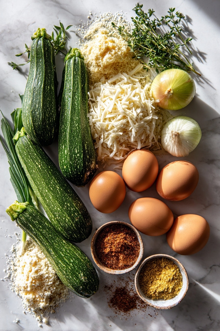 Flat lay of fresh green zucchini with light ridged skin, a small yellow onion diced into neat cubes, whole large brown eggs with smooth shells, a pile of shredded pale yellow gruyere cheese, finely grated white Parmesan cheese, golden panko breadcrumbs with a crisp texture, sprigs of fresh green herbs subtly scattered, and small heaps of bright yellow Dijon mustard powder nestled alongside light brown ground nutmeg and reddish cayenne pepper powder, all beautifully arranged with natural shadows and soft light, placed on white marbled surface, photo taken with an iphone --ar 2:3 --v 7 - Cheesy Zucchini Bake with Gruyère and Parmesan, zucchini casserole with cheese, cheesy vegetable bake, easy zucchini recipes, baked zucchini with cheese