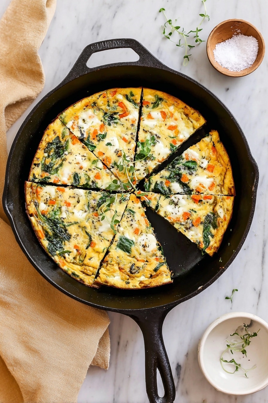 A single triangular slice of frittata sits on a white plate with a blue rim, showing several visible layers: the base is pale yellow, soft egg mixed with pieces of orange carrot and green spinach leaves, with small bits of light tuna or chicken spread throughout. The top layer has melted white cheese with a smooth texture and scattered small green herb sprigs. The plate rests on a white marbled surface with a striped blue and white cloth and a silver fork beside it. Photo taken with an iphone --ar 2:3 --v 7 - Leftover Turkey Frittata, Turkey leftover breakfast ideas, easy turkey frittata recipe, brunch recipes with turkey, quick turkey leftovers dish