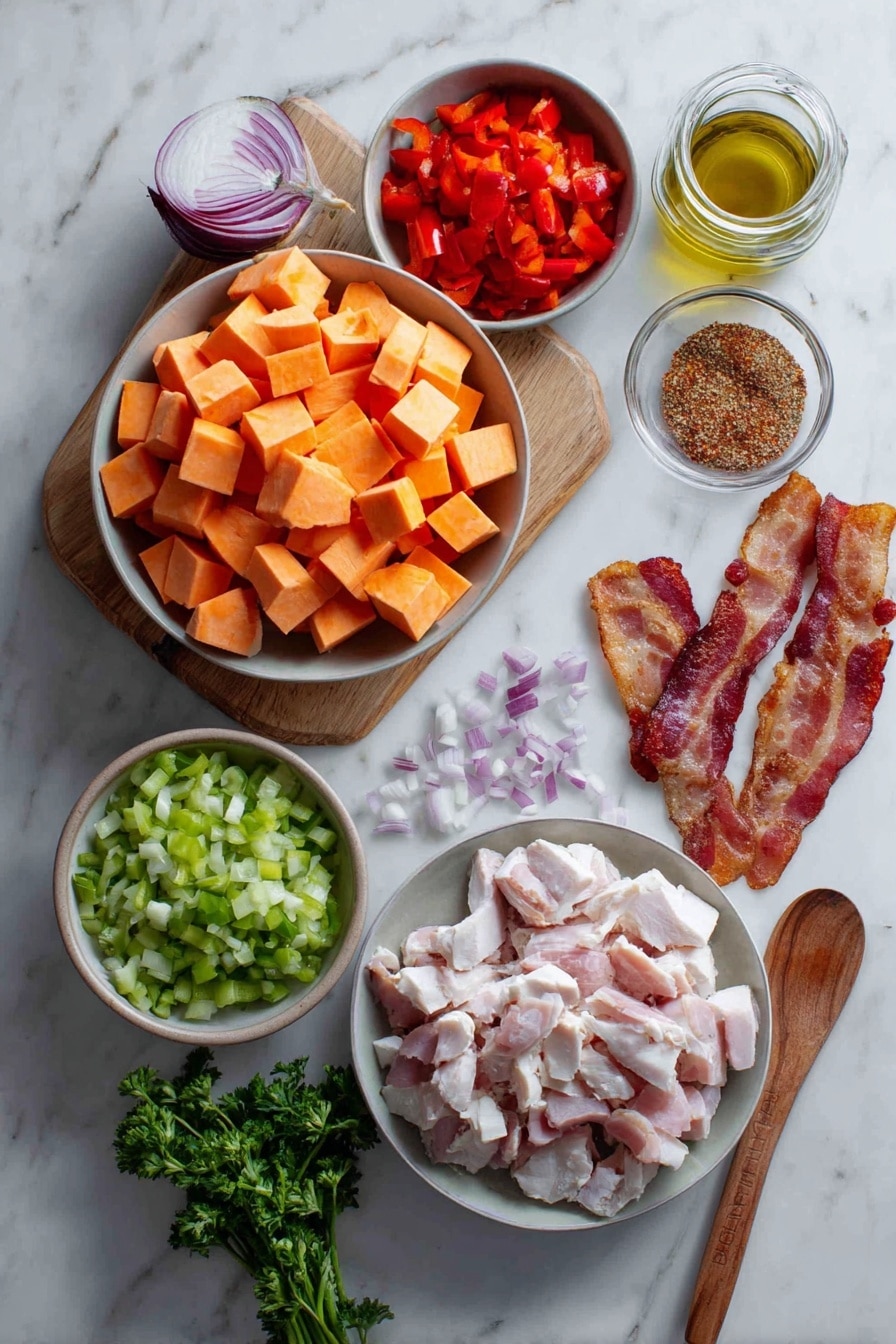 Flat lay of two large peeled and diced sweet potatoes, four slices of crispy cooked bacon, a pile of diced turkey breast meat, a small bowl of chopped green and red bell peppers, a medium bowl of diced onion, a small wooden spoon of Creole seasoning, a drizzle of olive oil in a glass container, and a small bunch of chopped parsley, placed on a white marble surface, photo taken with an iphone --ar 2:3 --v 7 - Turkey Hash with Crispy Sweet Potatoes and Creole Seasoning, easy turkey hash recipe, flavorful sweet potato hash, savory brunch recipes, hearty weeknight dinners