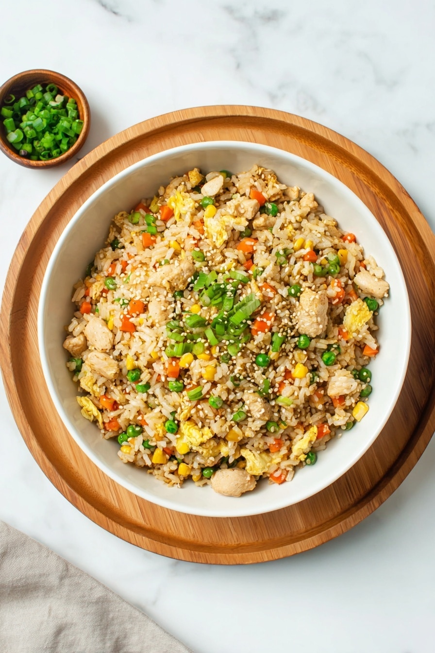 A large white bowl full of fried rice is shown, with layers of different colorful ingredients. The base layer is light brown cooked rice mixed evenly with small pieces of light yellow scrambled eggs and white chicken pieces with a slight brown grilled texture. Bright orange carrot cubes, green peas, and yellow corn kernels are mixed throughout, adding pops of color. The entire dish is topped with sliced green onions scattered all over, adding freshness. The bowl sits on a round wooden board, placed on a white marbled surface, with some green onions and small white jars blurred softly in the background. Photo taken with an iphone --ar 2:3 --v 7 - Leftover Turkey Fried Rice, easy turkey fried rice recipe, quick weeknight dinner, holiday leftovers ideas, flavorful fried rice with turkey