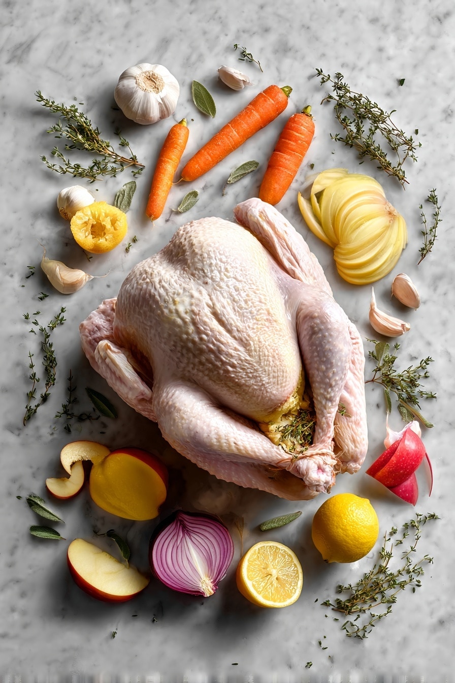 Flat lay of fresh whole turkey with bright orange carrot chunks, crisp red apple slices, golden yellow onion wedges, a halved lemon showing vibrant juice, a head of garlic broken into rustic cloves, and green sprigs of thyme all beautifully arranged in a balanced composition, placed on a white marble surface, photo taken with an iphone --ar 2:3 --v 7 - Smoked Turkey, smoked turkey recipe, smoked turkey platter, how to smoke turkey, smoking turkey tips
