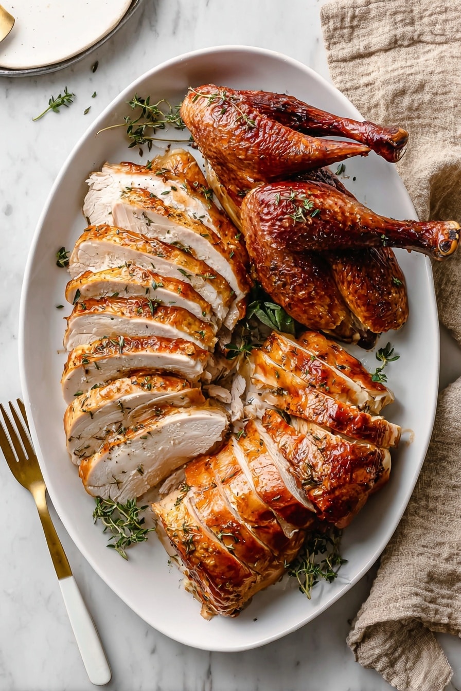 A whole roasted chicken with a shiny, dark golden brown skin covered in small black pepper and herb pieces sits centered on a large white oval plate. The chicken’s legs are stretched out with crispy, browned ends, and the skin looks slightly oily. The plate rests on a gray, slightly rough surface with fresh green thyme sprigs and black peppercorns scattered nearby. In the background, a crumpled gray cloth and two wooden salt and pepper shakers stand upright out of focus. Photo taken with an iphone --ar 2:3 --v 7 - Smoked Turkey, smoked turkey recipe, smoked turkey platter, how to smoke turkey, smoking turkey tips