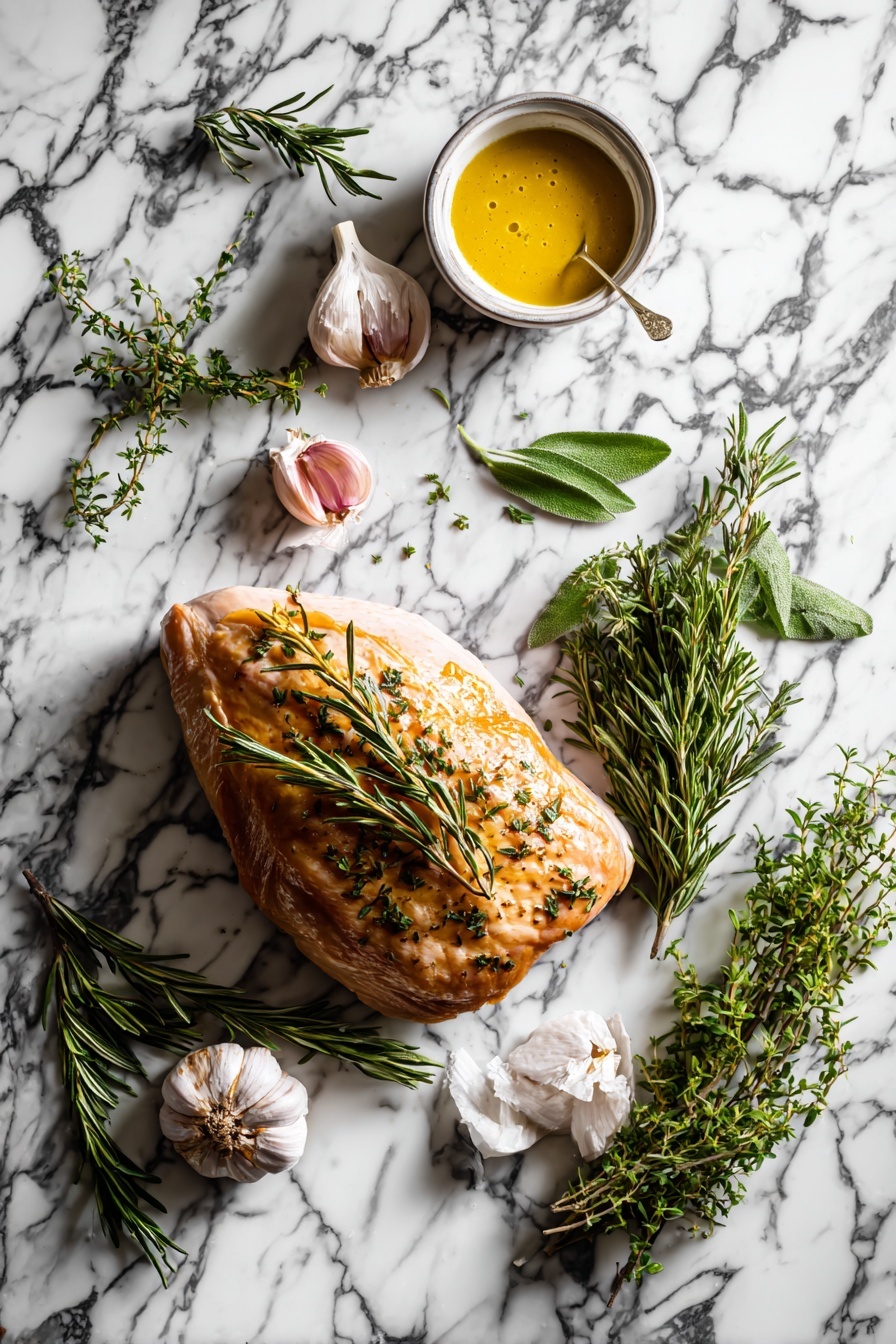 Flat lay of a bone-in turkey breast with glistening skin, fresh sprigs of rosemary, sage, and thyme scattered artfully, two peeled garlic cloves, a small dish of Dijon mustard with a smooth texture, and a drizzle of extra-virgin olive oil pooled beside them, all arranged on a white marble surface, photo taken with an iphone --ar 2:3 --v 7 - Air Fryer Turkey Breast with Herbs and Garlic, healthy turkey breast recipe, quick turkey dinner, easy air fryer turkey, flavorful turkey breast
