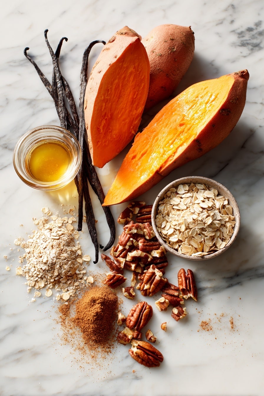 Flat lay of large sweet potatoes with vibrant orange flesh, whole vanilla beans split open to reveal tiny black seeds, a small pile of rough chopped pecans, a neat mound of old-fashioned rolled oats, light tan almond meal, a drizzle of golden maple syrup pooling slightly, melted coconut oil shining softly, and warm brown ground cinnamon and freshly grated nutmeg scattered delicately, all beautifully arranged on a white marble surface, photo taken with an iphone --ar 2:3 --v 7 - Sweet Potato Casserole with Pecans and Toasted Oat Topping, sweet potato casserole with pecans, best sweet potato casserole, holiday sweet potato dish, easy sweet potato casserole