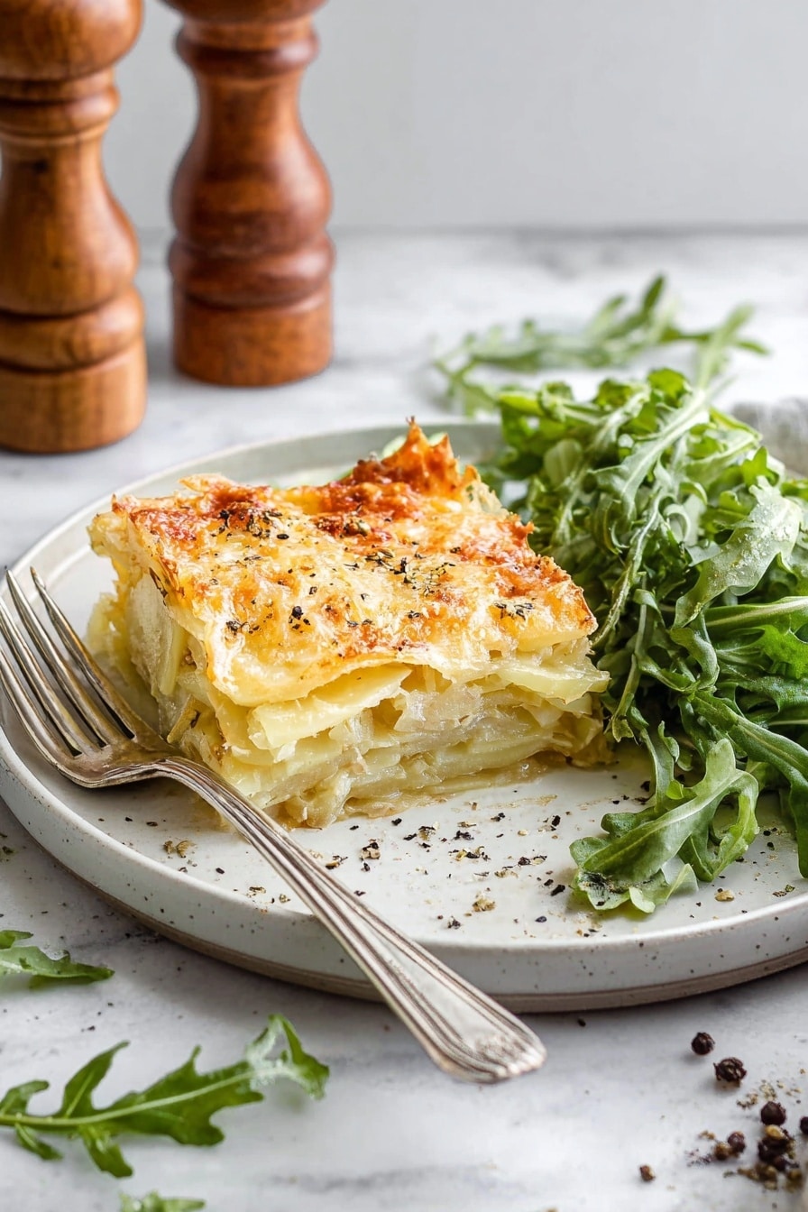 A white rectangular baking dish filled with a layered potato casserole. The top layer is made of thin potato slices in overlapping rows, covered with melted cheese that is pale orange and light yellow with a slightly browned, bubbly texture. Small specks of black pepper are scattered evenly on the surface. The edges of the dish have some baked cheese spots. The dish is placed on a white marbled surface. photo taken with an iphone --ar 2:3 --v 7 - Homemade Scalloped Potatoes, scalloped potato casserole, cheesy scalloped potatoes, easy scalloped potatoes recipe, comforting potato side dish