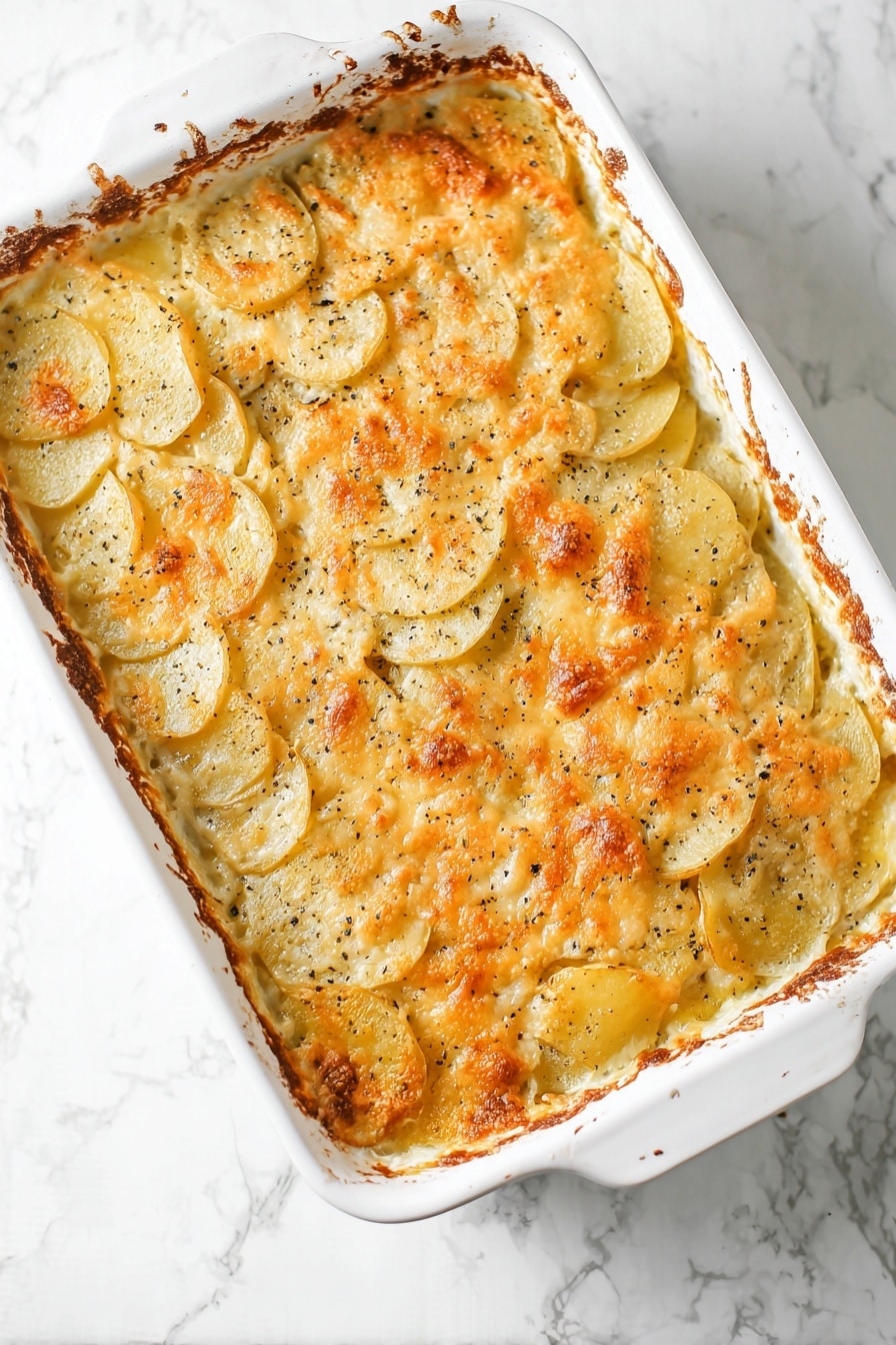 The image shows a white rectangular baking dish filled with golden brown scalloped potatoes. The dish has multiple thin layers of potato slices, each layer creamy yellow with a slightly browned, crispy top layer sprinkled with black pepper. One slice is lifted with a spatula, showing soft, tender potato layers with a lightly browned crust on the top and edges. The baking dish sits on a white marbled surface. Photo taken with an iphone --ar 2:3 --v 7 - Homemade Scalloped Potatoes, scalloped potato casserole, cheesy scalloped potatoes, easy scalloped potatoes recipe, comforting potato side dish