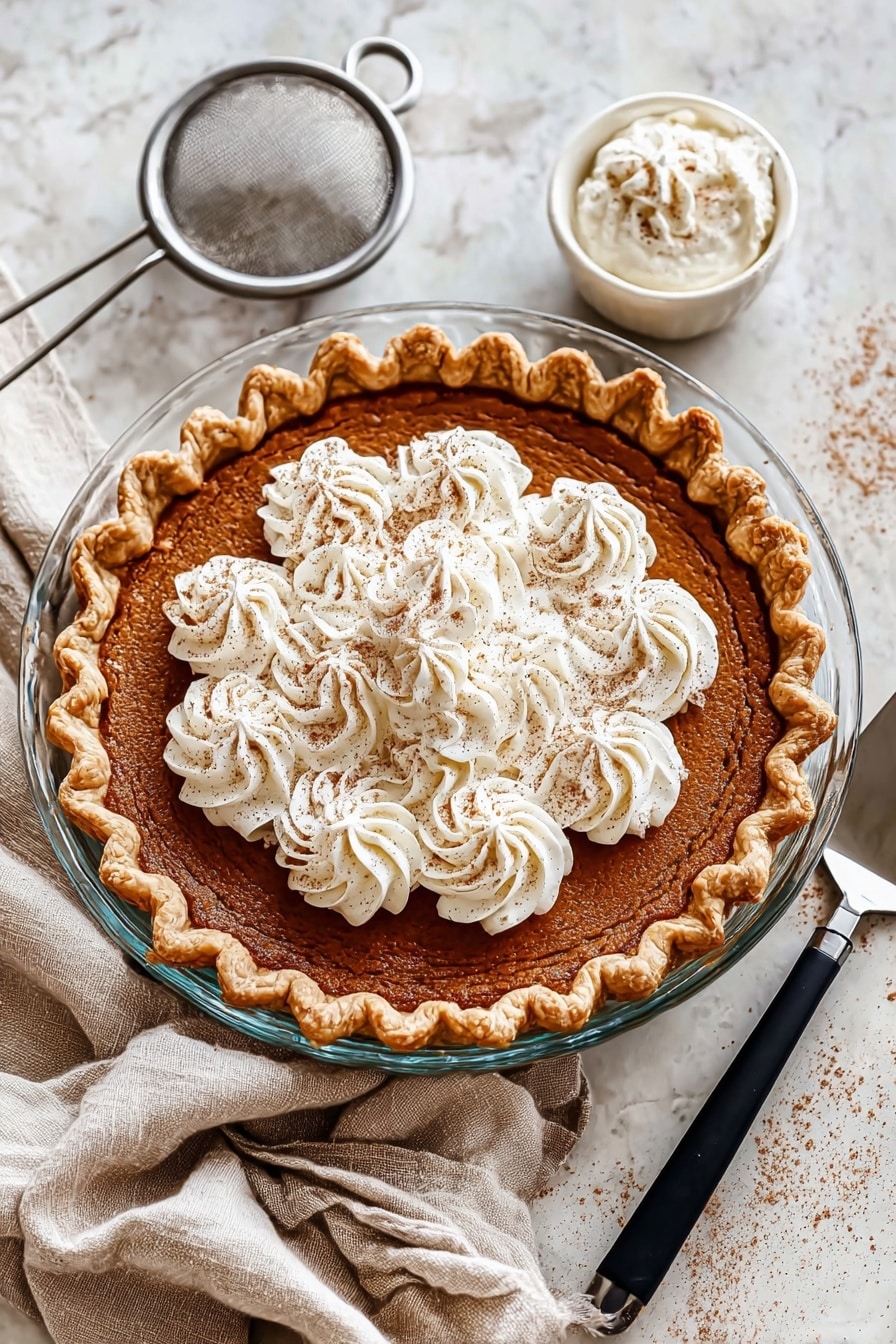 A slice of pie with three visible layers is shown on a round white plate. The bottom crust is pale beige, flaky, and thick, forming the base and edges of the pie. The middle layer is a smooth, dense, pumpkin-orange filling that takes up most of the slice's height. The top layer is a generous swirl of white whipped cream dusted lightly with cinnamon powder. The pie slice is placed on a white marbled surface, and in the background, there is a blurred view of another slice of the same pie. Photo taken with an iphone --ar 2:3 --v 7 - Sweet Potato Pie with Spiced Filling and Fluffy Whipped Cream, fall dessert recipes, cozy pumpkin pie alternative, easy sweet potato pie, festive holiday desserts