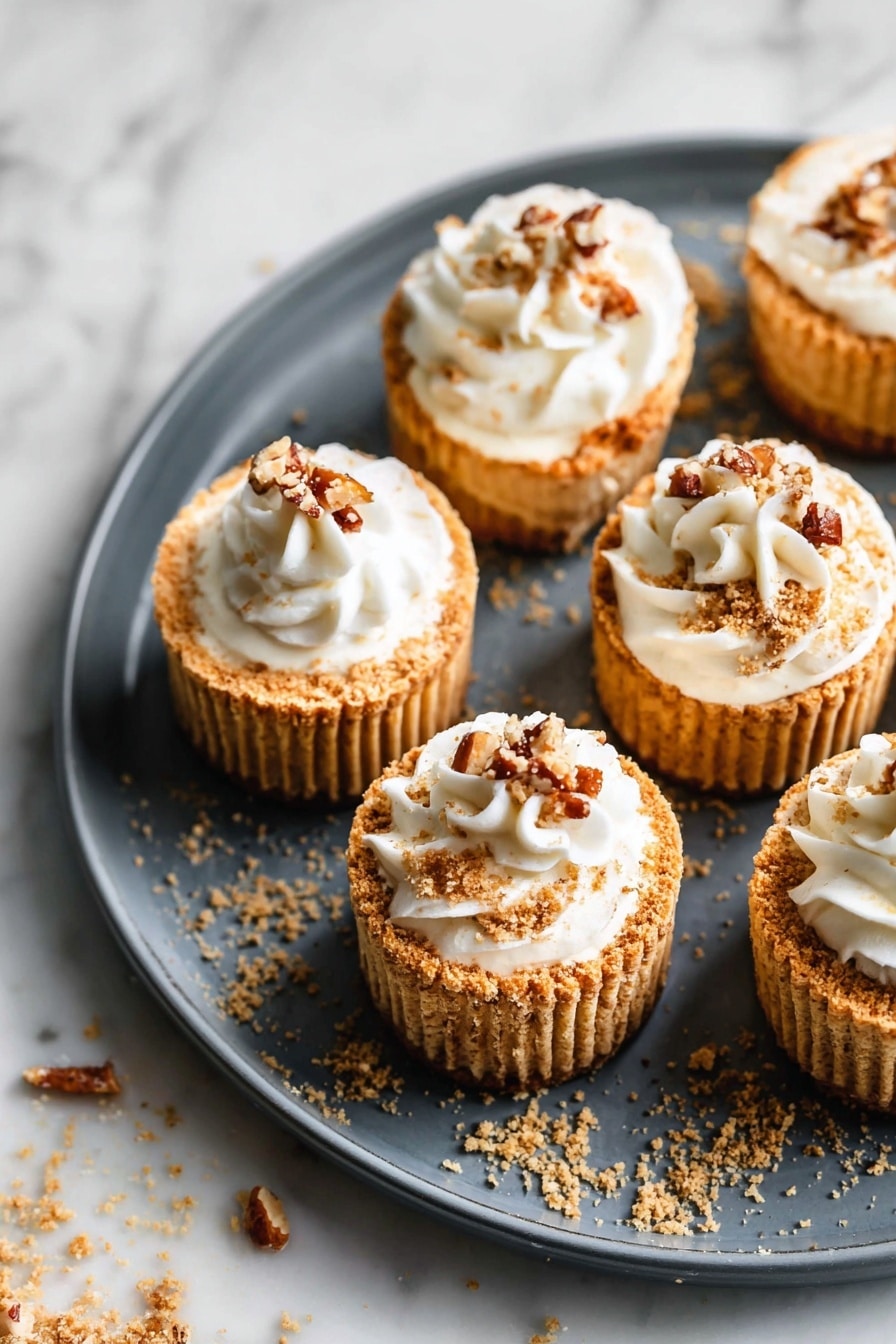 The image shows mini cheesecakes on a dark gray plate placed on a white marbled surface. Each cheesecake has a golden brown crumb layer on the outside, a smooth light creamy center, and a topping of white whipped cream with small brown nut pieces and crumb sprinkles. The cheesecakes have ridged edges and are in white paper liners. In the background, there are stacks of round golden brown cookies, slightly blurred. Some crumbs are scattered on the plate around the cheesecakes. Photo taken with an iphone --ar 2:3 --v 7 - Mini Pumpkin Cheesecakes, Pumpkin Cheesecake Bites, Fall Dessert Recipes, No-Bake Pumpkin Cheesecake, Easy Pumpkin Cheesecake