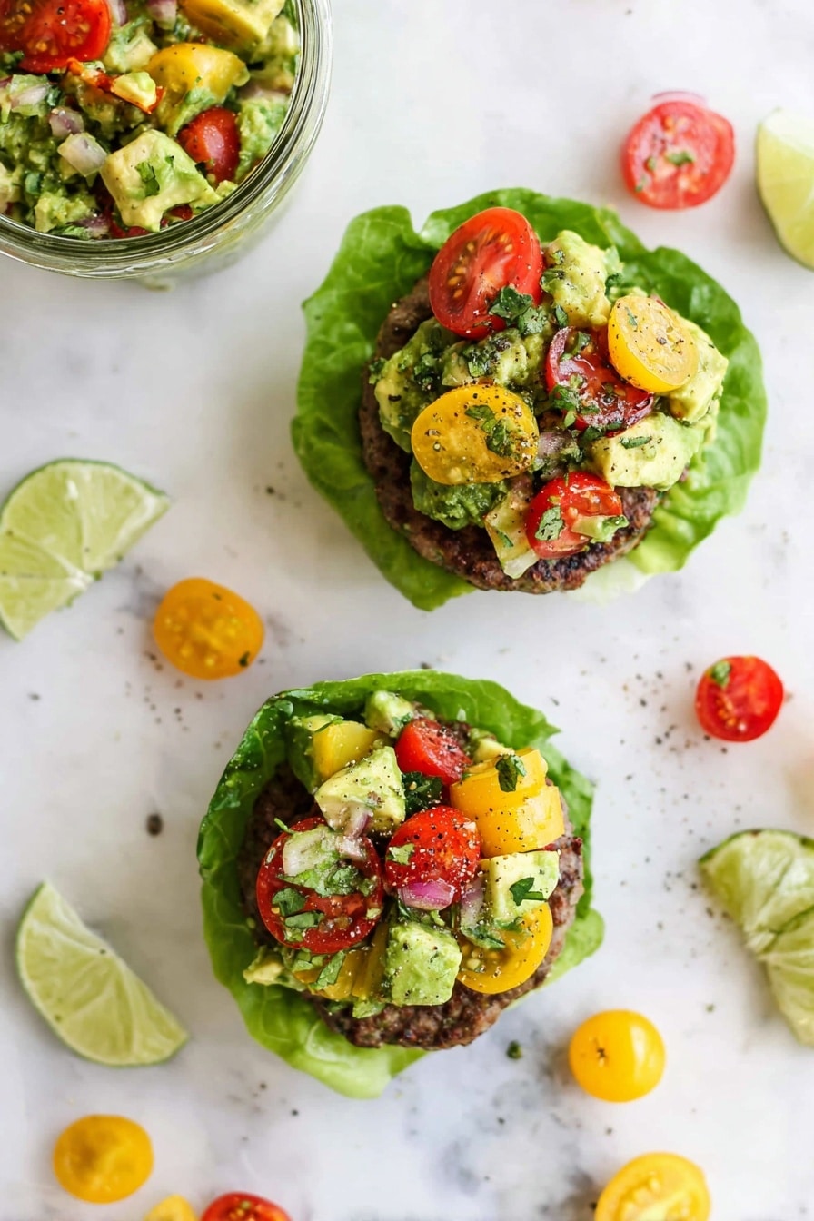 A close-up image of a small sandwich with three layers positioned directly on a white marbled surface. The bottom layer is a soft, textured light beige bun base. On top of that is a fresh green leafy layer, followed by a thick, browned cooked patty with a slightly crispy surface. The top layer is a chunky green guacamole mixed with bright red tomato pieces and green herbs. A woman's hand with black nail polish is squeezing a lime wedge above the guacamole, with juice dripping down. In the background, blurred yellow-orange cherry tomatoes and a lime wedge sit on the white marbled surface, with a clear glass container holding green guacamole also visible. Photo taken with an iphone --ar 2:3 --v 7 - Guacamole Turkey Burgers with Fresh Tomato-Cilantro Salsa, healthy turkey burger recipes, easy summer burger ideas, light and flavorful burger recipes, fresh salsa burger dishes