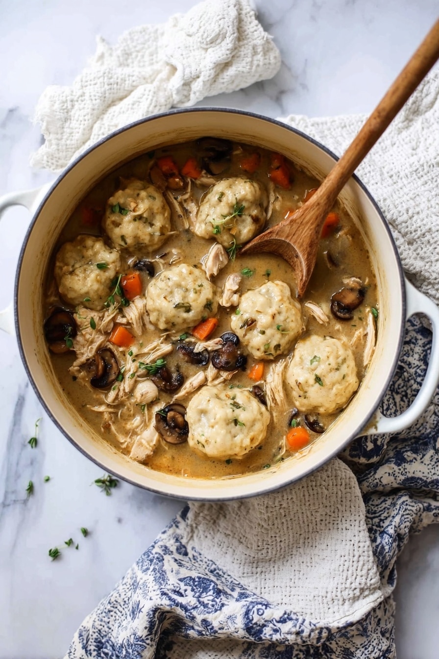 A white pot filled with a thick stew showing layers of light brown dough dumplings floating on the surface, scattered with shredded chicken pieces, dark brown cooked mushrooms, and small bright orange carrot cubes, garnished with a few green herb leaves. A light wooden spoon rests inside the pot, covered with sauce and dumplings on its surface. The pot is placed on a white marbled surface with a white and blue patterned cloth and a white textured cloth casually draped around it. Photo taken with an iphone --ar 2:3 --v 7 - Turkey and Mushroom Dumpling Stew, comforting turkey stew with mushrooms and dumplings, hearty turkey and mushroom skillet, cozy turkey mushroom hearty stew, easy turkey stew recipes