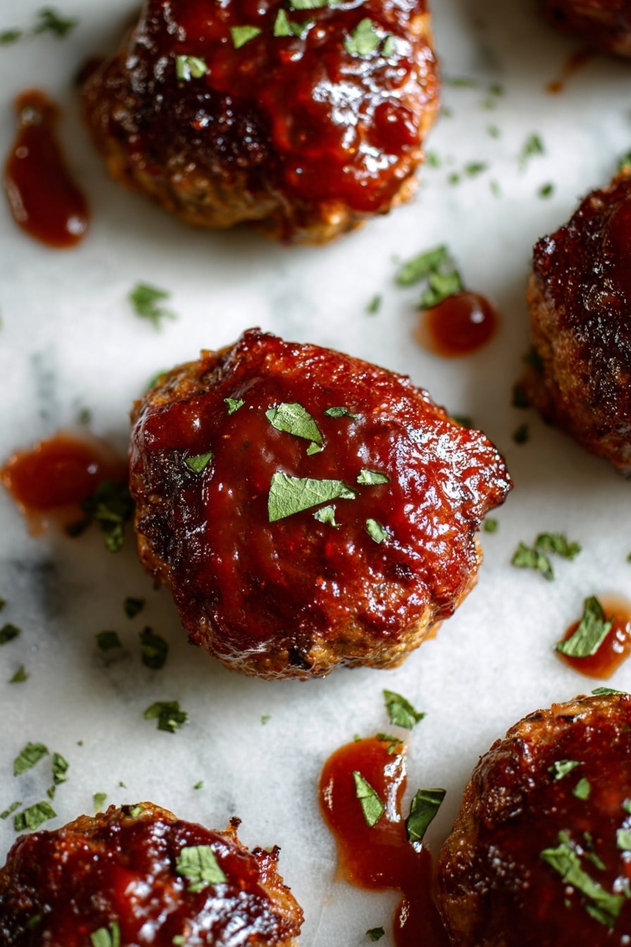 The image shows several small round patties with a shiny, dark red sauce coating on top. Each patty has a golden-brown base with a slightly rough texture, and the sauce looks thick and glossy, covering the whole top surface. Small green herb pieces are sprinkled on the sauce, adding a touch of color and freshness. The patties are placed on a white marbled surface with some drops of sauce and herbs scattered around, giving a neat and appetizing look. photo taken with an iphone --ar 2:3 --v 7 - Mini Turkey Meatloaves with Roasted Garlic Cauliflower Mash, healthy turkey meatloaf recipes, easy comfort food ideas, wholesome weeknight dinner, flavorful cauliflower mash