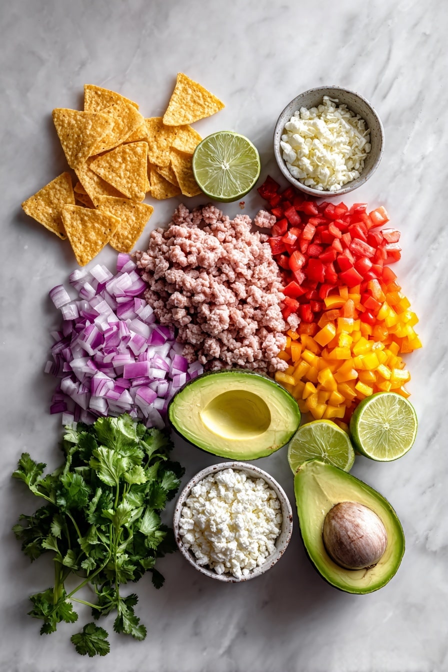 Flat lay of diced sweet onion, colorful bell pepper pieces, minced garlic cloves, raw ground turkey, vibrant quartered cherry tomatoes, fresh cilantro sprigs, halved avocado with bright green flesh, lime wedges, crumbly cotija cheese, and a handful of golden tortilla chips, all beautifully arranged on a white marble surface, photo taken with an iphone --ar 2:3 --v 7 - Turkey Taco Skillet, quick turkey taco dinner, healthy taco skillet, one-pan turkey taco recipe, easy turkey taco meal