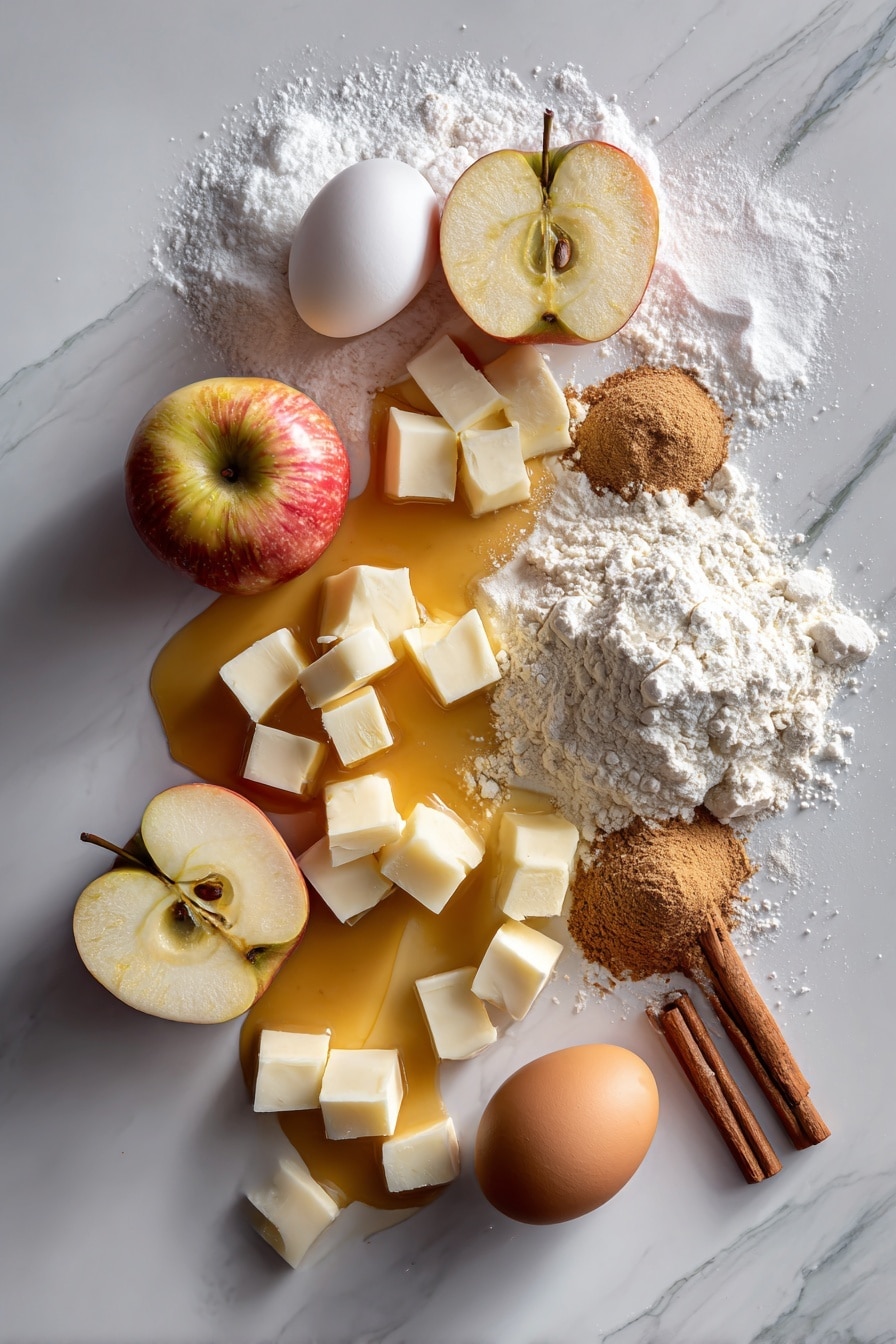 Flat lay of peeled and sliced tart apples, cubes of cold butter, granulated sugar, all-purpose flour, ground cinnamon in a small pile, a whole large egg with a slight shine, and a drizzle of warm caramel sauce drizzled artistically, all beautifully arranged on a white marble surface, photo taken with an iphone --ar 2:3 --v 7 - Apple Crostata with Caramel Topping and Vanilla Ice Cream, easy apple crostata, caramel apple dessert, homemade fruit tart, fall dessert recipes