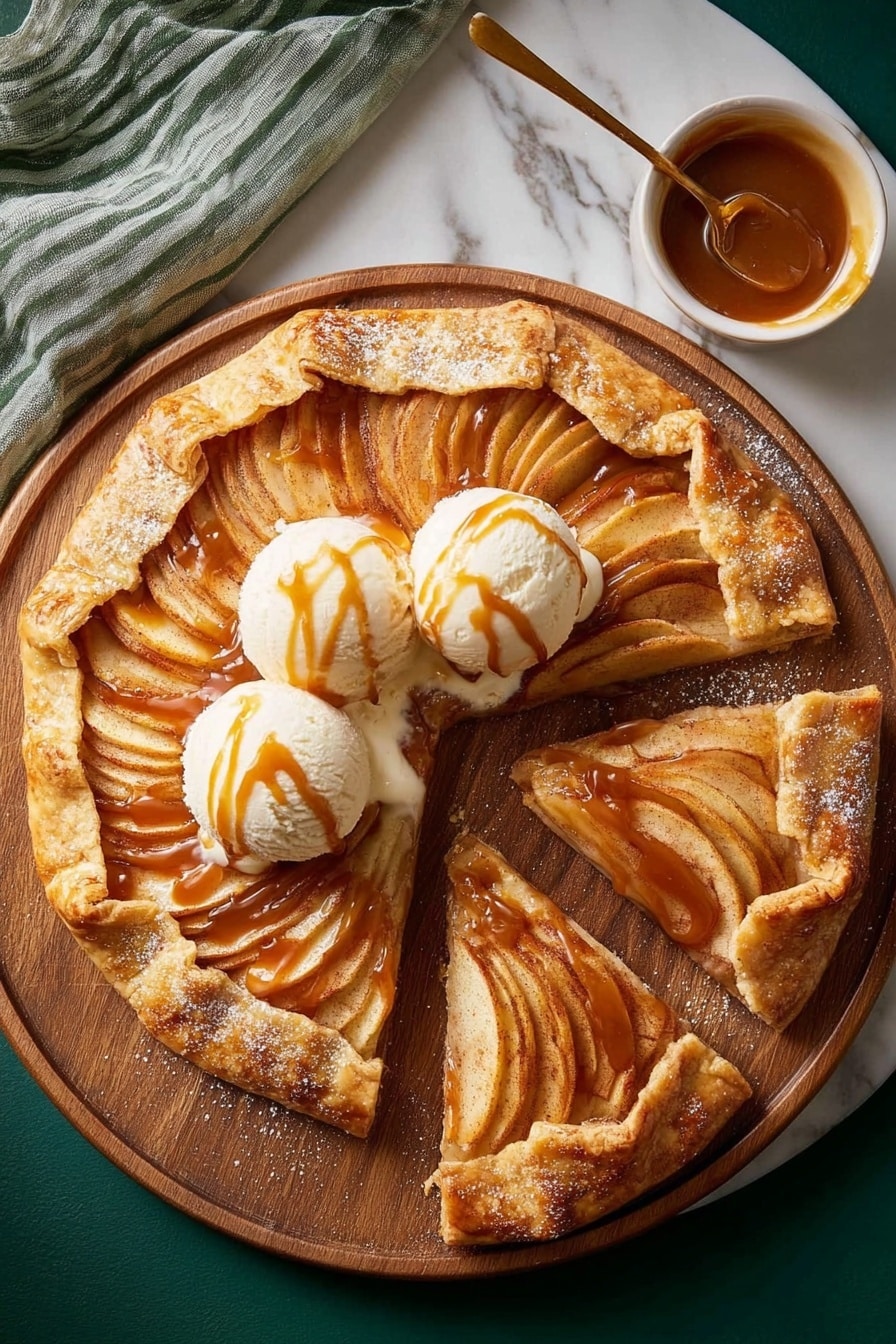 A round apple galette with a golden brown crust edges a layer of thinly sliced apple pieces arranged in a fan shape, each slice dusted lightly with cinnamon. On top of the apple layer, there are three scoops of vanilla ice cream placed closely together in the center, each scoop drizzled with caramel sauce. Two slices have been separated from the galette on the right side, showing more apple layers inside. The galette is served on a round wooden board, set on a white marbled surface alongside a small white bowl of caramel sauce with a spoon in it, and a green and white striped cloth is partially visible to the left. photo taken with an iphone --ar 2:3 --v 7 - Apple Crostata with Caramel Topping and Vanilla Ice Cream, easy apple crostata, caramel apple dessert, homemade fruit tart, fall dessert recipes