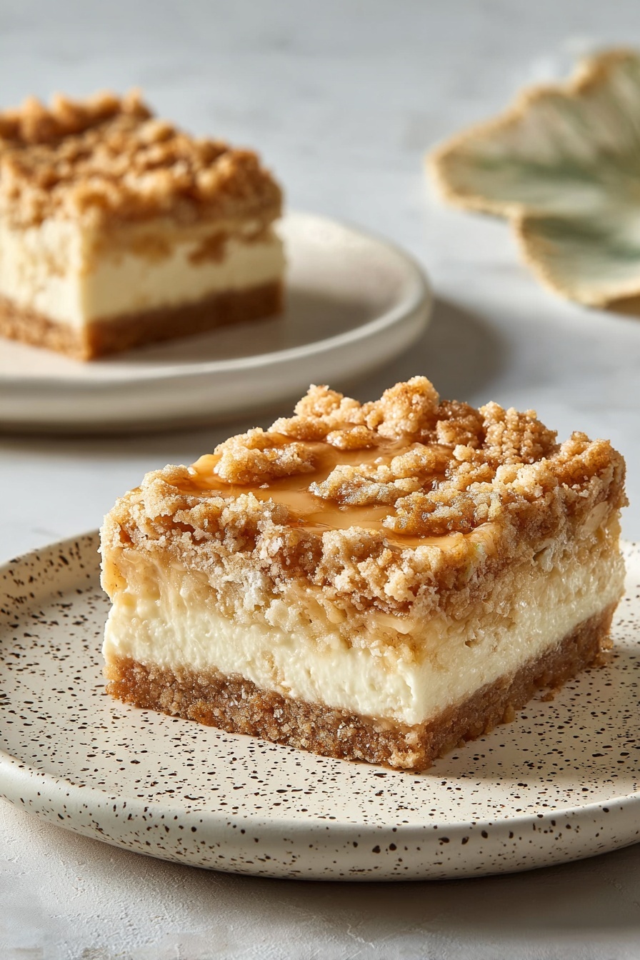 A silver baking tray holds a dessert with a crumbly golden top layer, which looks like a thin sprinkle of oats or crumbs, evenly spread over a smooth, shiny amber layer beneath. The dessert is sliced into rectangular pieces, with one piece missing in the corner, revealing a light cream-colored bottom layer that looks soft and smooth. Next to the tray, on a white plate with small speckles, sits one square piece of the dessert, showing all three layers clearly: crumbly top, glossy amber middle, and light bottom. A gold fork lies beside the piece on the plate, and a silver serving spatula rests beside the tray. The whole setting is placed on a white marbled surface with a dark green cloth partially underneath the tray. Photo taken with an iphone --ar 2:3 --v 7 - Apple Caramel Cheesecake Bars, apple caramel dessert, fall cheesecake bars, easy cheesecake bar recipe, apple caramel treat