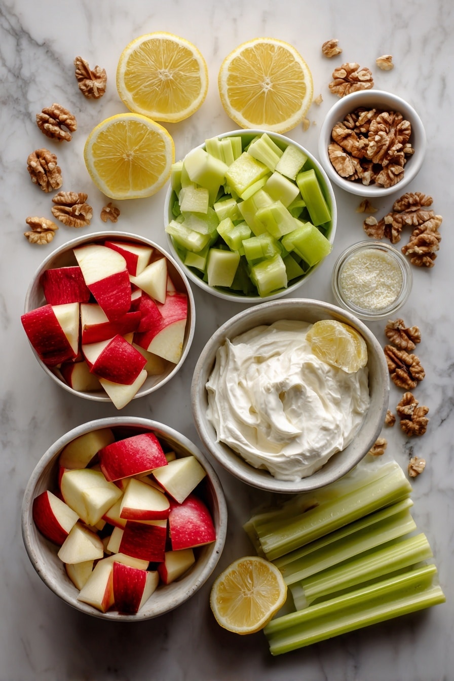Flat lay of bright red and green chopped apples, crisp pale green celery sticks cut into small pieces, rich brown walnut halves, fresh lemon wedges with vibrant yellow flesh, and a dollop of smooth white whipped cream, all beautifully arranged with scattered walnut pieces and lemon slices placed on a white marble surface, photo taken with an iphone --ar 2:3 --v 7 - Waldorf Salad, Waldorf Salad Recipe, how to make Waldorf Salad, classic Waldorf Salad, easy Waldorf Salad
