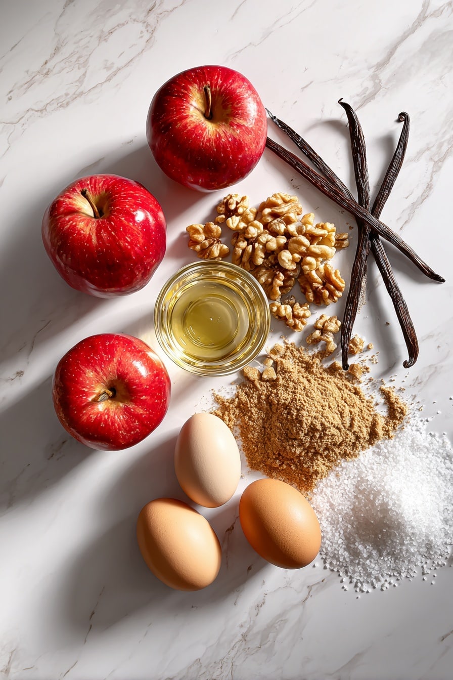 Flat lay of bright red tart apples, a small pile of golden brown chopped walnuts, a mound of light brown ground cinnamon powder, a couple of large fresh eggs with smooth shells, a small glass container of pale golden canola oil, and a scattering of white granulated sugar crystals beautifully arranged with a few vanilla beans nearby, placed on a white marble surface, photo taken with an iphone --ar 2:3 --v 7 - Easy Apple Cake, apple cake recipe, moist apple cake, cinnamon apple dessert, quick apple cake