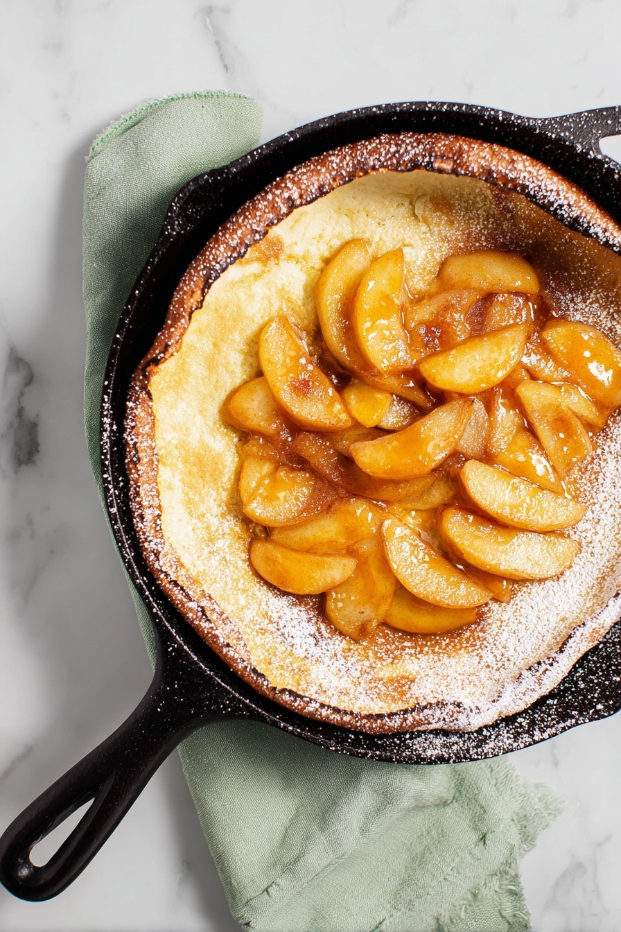 The image shows a cast iron skillet on a white marbled surface filled with a Dutch baby pancake. The pancake has one thick, golden-brown, fluffy layer with slightly raised edges, holding a layer of cooked apple slices on top. The apple slices are soft, shiny, and caramel-colored, spread across the center of the pancake. Powdered sugar is sprinkled lightly over part of the apples and pancake edge. To the left of the skillet, there is a small white bowl filled with powdered sugar, and to the right, a brown bowl holding three green apples, one sliced. The scene is bright with natural light. Photo taken with an iphone --ar 2:3 --v 7 - German Apple Pancake, German Apple Pancake Recipe, easy apple pancake, fluffy apple pancake, breakfast with apple pancakes
