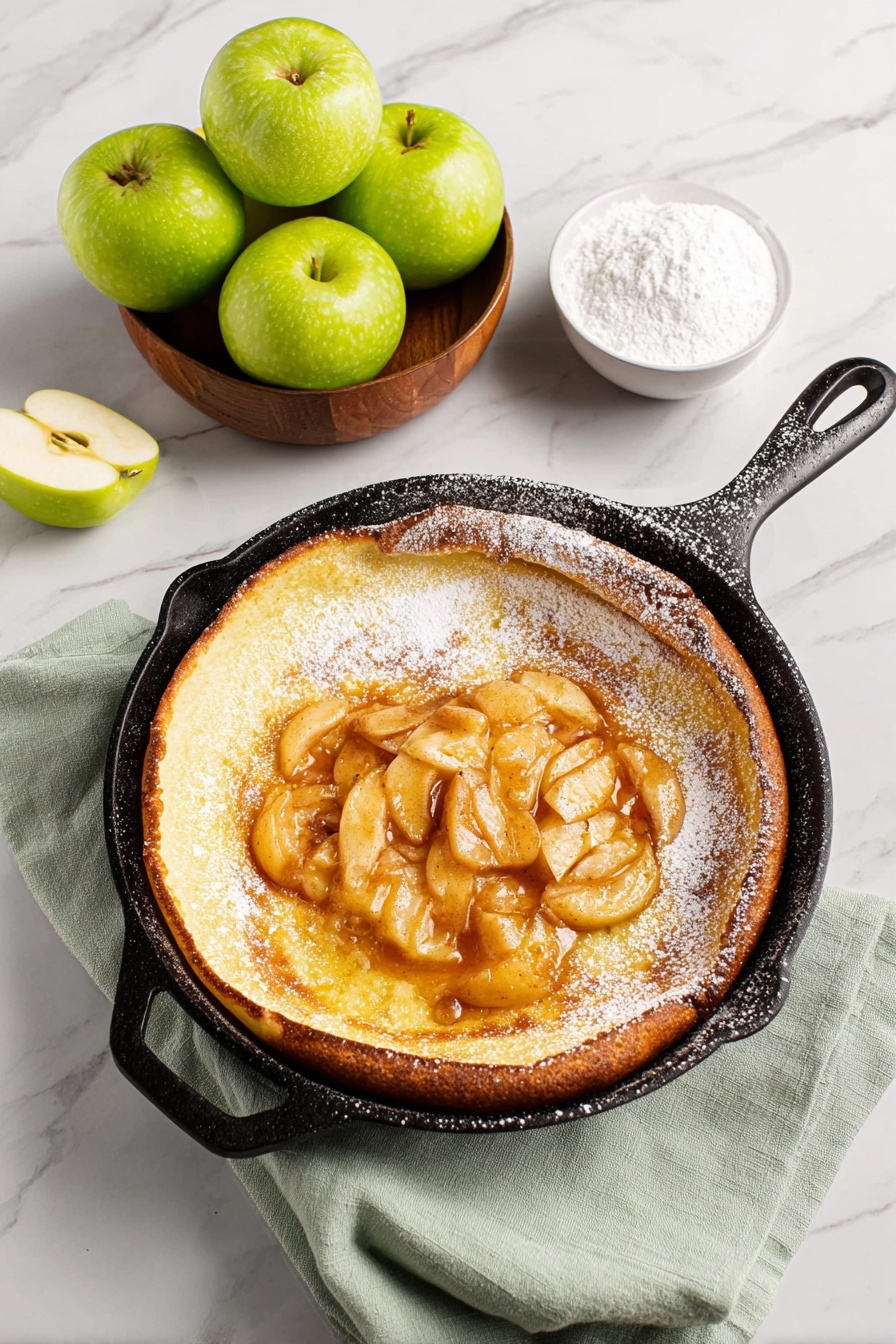 A black cast iron skillet holds a Dutch baby pancake with a golden brown edge and a soft, pale yellow center. On top, there is one layer of glossy caramelized apple slices, warm amber in color and slightly shiny. The edges of the pancake and some apple slices are dusted lightly with powdered sugar, adding a fine white texture. The skillet rests on a folded light green cloth placed on a white marbled surface. Nearby, there is a white bowl filled with powdered sugar and a wooden bowl holding three whole green apples with bright green skin, one apple partially sliced. Photo taken with an iphone --ar 2:3 --v 7 - German Apple Pancake, German Apple Pancake Recipe, easy apple pancake, fluffy apple pancake, breakfast with apple pancakes