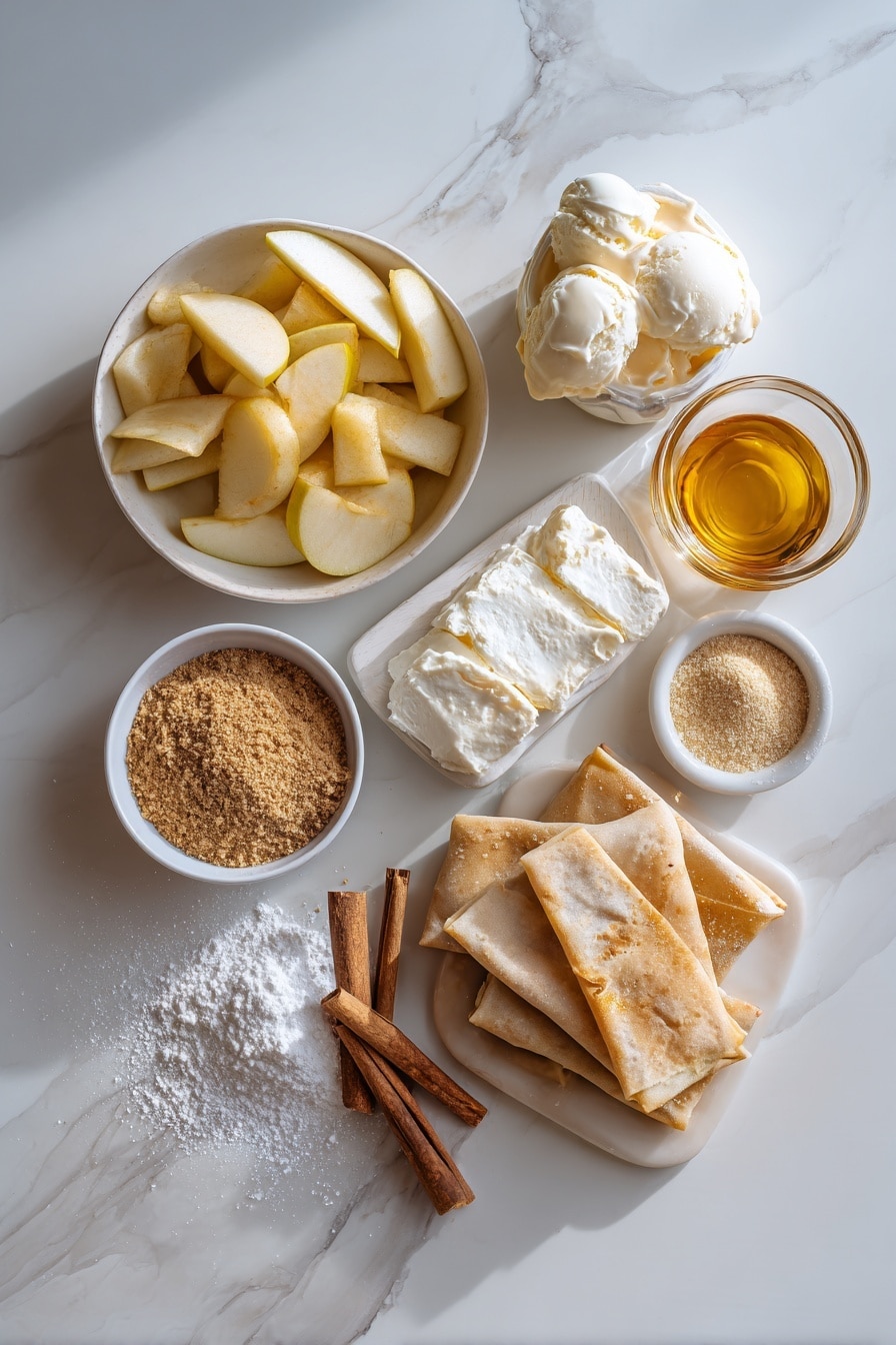 Flat lay of chopped peeled tart apples, light brown sugar, ground cinnamon sticks and powder, smooth spreadable cream cheese dollops, translucent cornstarch powder, golden egg roll wrappers stacked neatly, glistening caramel ice cream topping drizzled artistically, and a small pile of granulated sugar, all beautifully arranged with natural light highlights, placed on a white marble surface, photo taken with an iphone --ar 2:3 --v 7 - Apple Pie Egg Rolls with Caramel Sauce, apple pie egg roll recipe, caramel apple dessert, easy apple egg rolls, crispy apple spring rolls