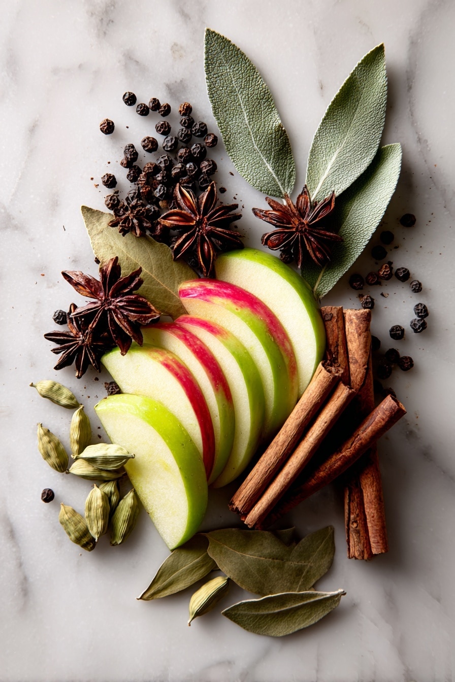 Flat lay of thinly sliced bright red and green apple slices, glistening with a light sheen, whole star anise with its deep brown star-shaped pods, smooth green cardamom pods, two rustic cinnamon sticks, glossy dark brown whole allspice berries, dried bay leaves with their muted green tone, and a small cluster of round black peppercorns, placed on a white marble surface, photo taken with an iphone --ar 2:3 --v 7 - Pickled Apples, Pickled Apples using Spices, How to Make Pickled Apples, Tangy Pickled Apples, Apple Preservation Techniques