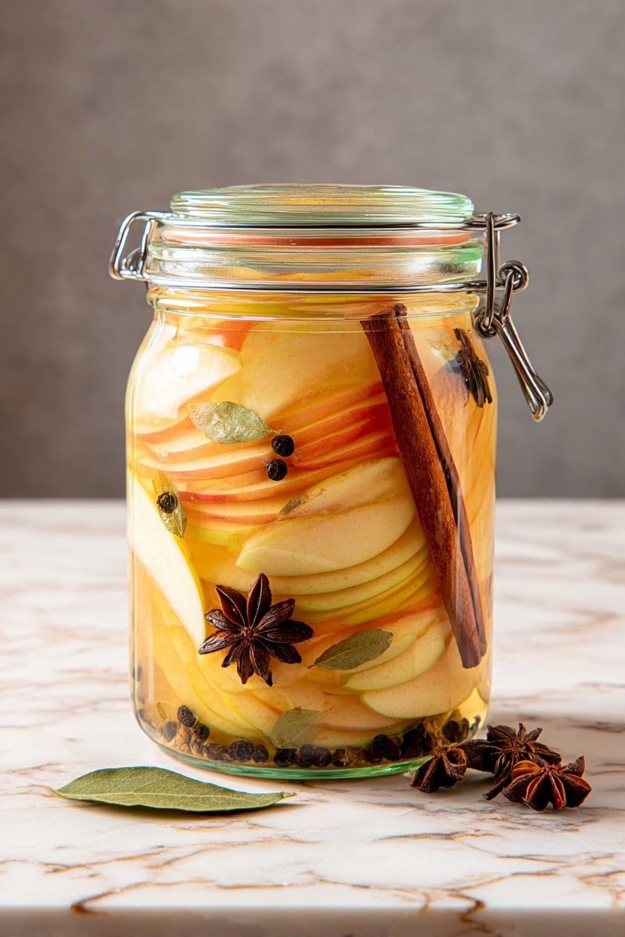 A white, slightly oval plate holds thin, soft slices of cooked apples arranged in a loose pile, showing pale yellow and blush pink colors with a glossy texture from the syrup coating. Around and on the apple slices are whole dark peppercorns, a cinnamon stick, a star anise, and a bay leaf, adding contrasting dark brown and green elements. A silver fork rests on the lower right side of the plate, partially touching the apple slices. To the left, a wooden board with several raw apple slices stacked fans out next to a whole red apple. In the upper right, a clear glass bowl contains more sliced apples steeped in a light brown liquid. All items rest on a white marbled surface with soft natural light. Photo taken with an iphone --ar 2:3 --v 7 - Pickled Apples, Pickled Apples using Spices, How to Make Pickled Apples, Tangy Pickled Apples, Apple Preservation Techniques