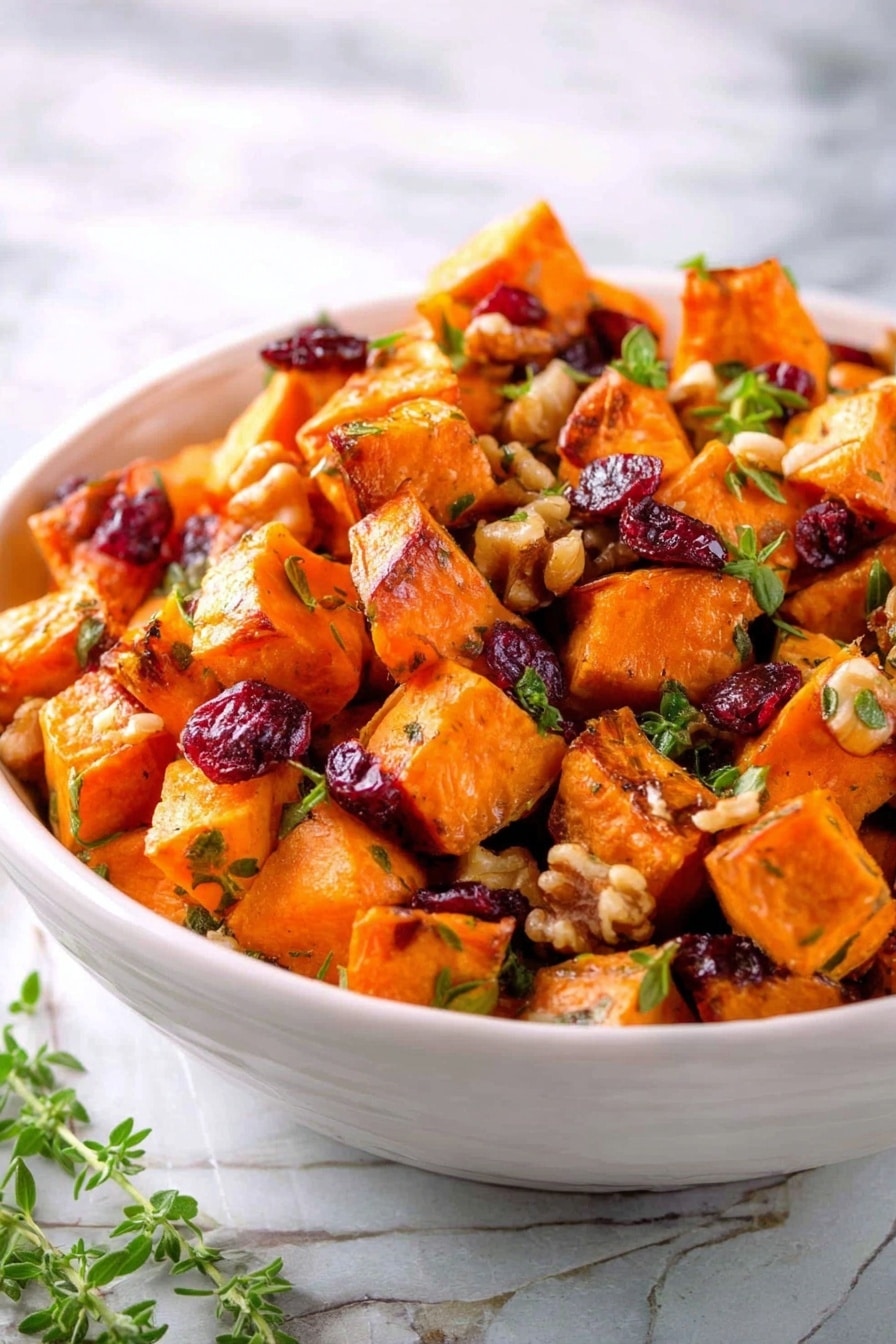 This image shows a white bowl filled with a colorful mix of cubed orange sweet potatoes, dark red dried cranberries, and light brown walnut pieces, all mixed with bright green fresh parsley leaves. The sweet potato cubes are soft and slightly glazed, giving them a shiny texture. The dried cranberries add a wrinkled, chewy look, while the walnuts have a rough, crunchy texture. The parsley is scattered evenly across, adding fresh green color to the dish. The bowl sits on a white marbled textured surface. photo taken with an iphone --ar 2:3 --v 7 - Sweet Potato Salad with Walnuts, Cherries, and Lime Zest, healthy sweet potato salad, vibrant fruit and nut salad, easy summer salads, flavorful vegetable salads